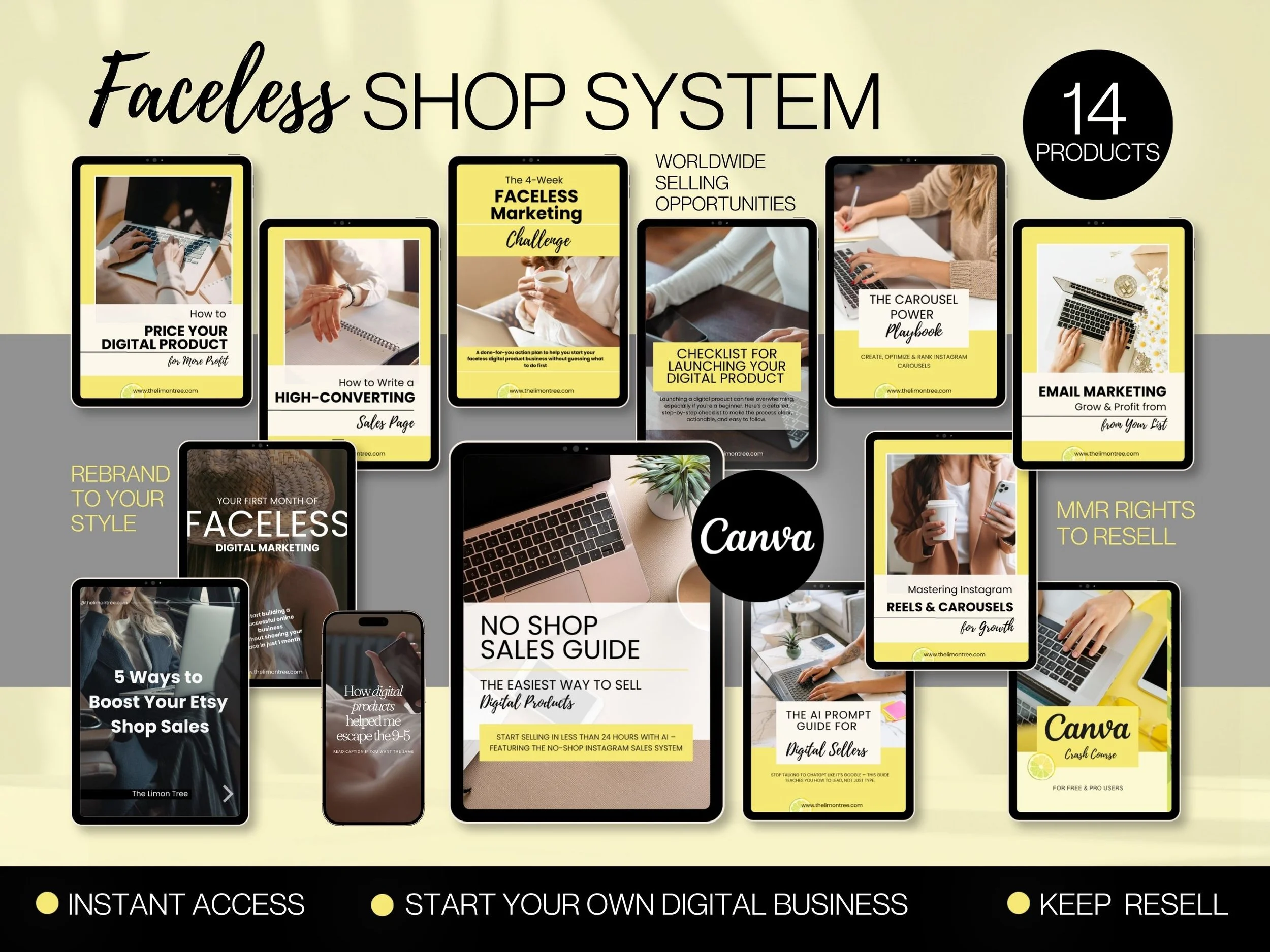 Faceless Shop System | Digital Business Bundle, Canva Templates, Marketing Guides, Reels, Sales Page + MRR PLR License