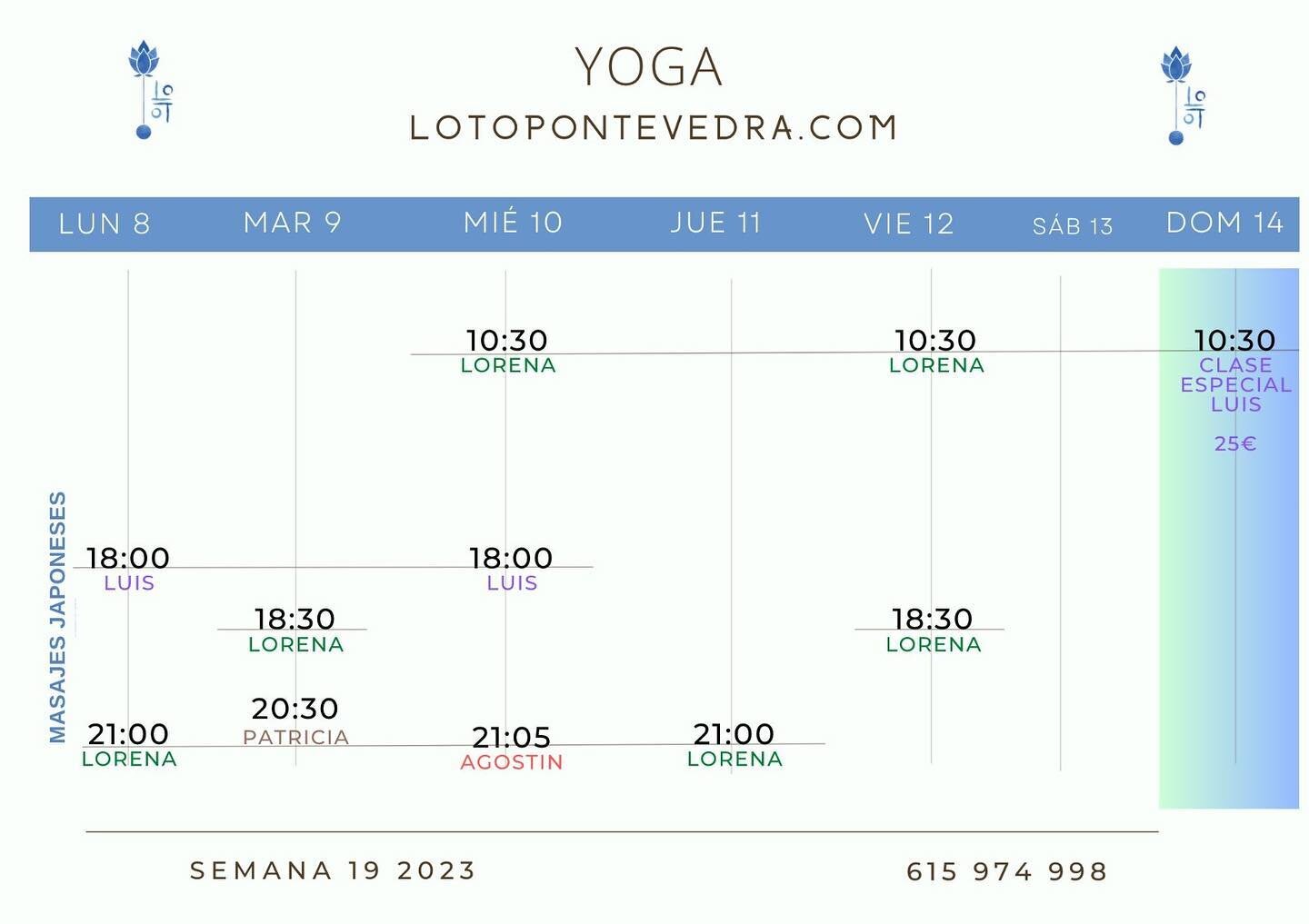 Semana 19.

☯️ Ya puedes reservar las pr&aacute;cticas de yoga de esta semana.

🎁 El domingo tendremos una clase especial con Luis Castro, dos horas repartidas en 4 bloques de hatha, yin, vinyasa y relajaci&oacute;n y meditaci&oacute;n para terminar