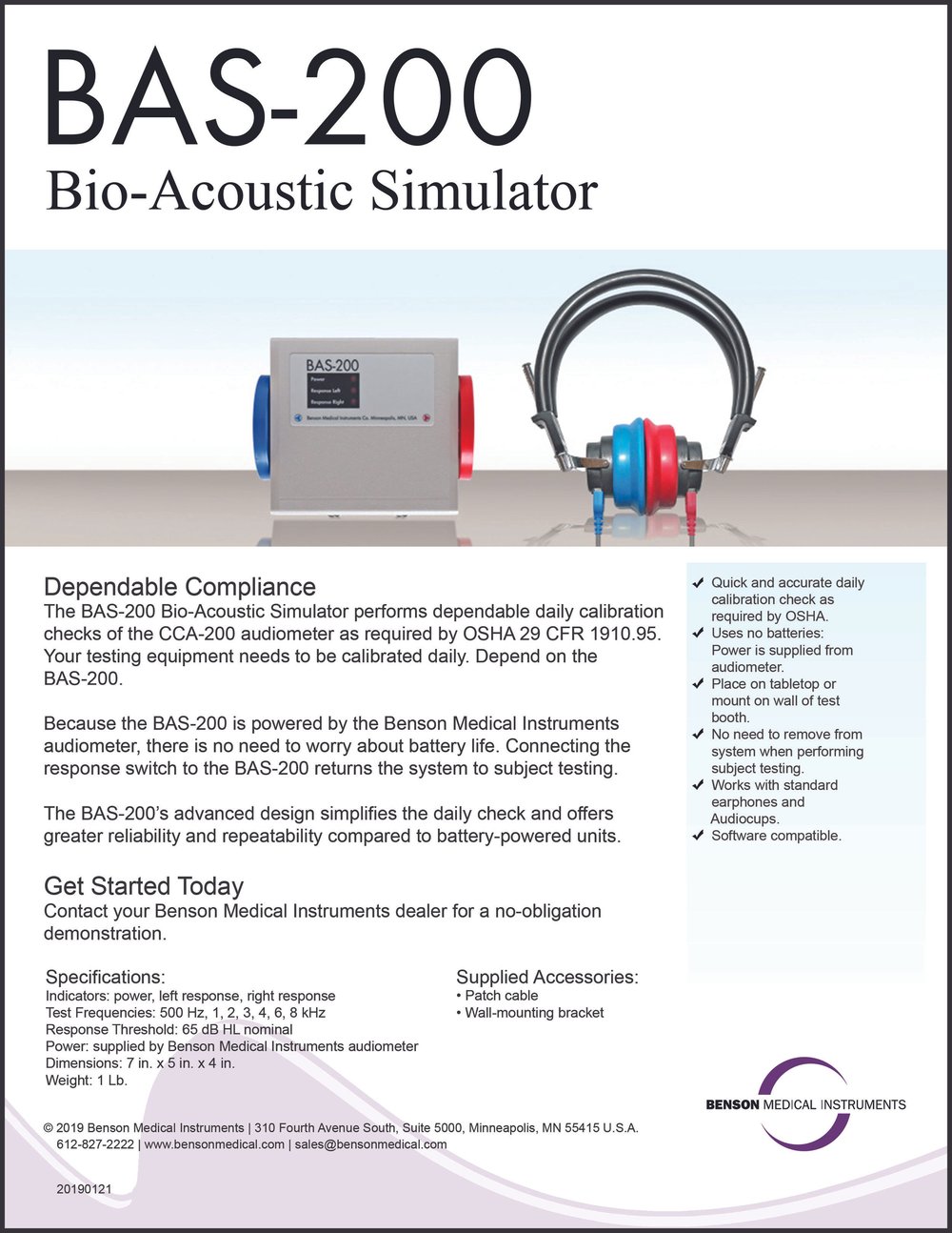 BAS200 — Benson Medical Instruments Audiometer, Spirometer, Fit