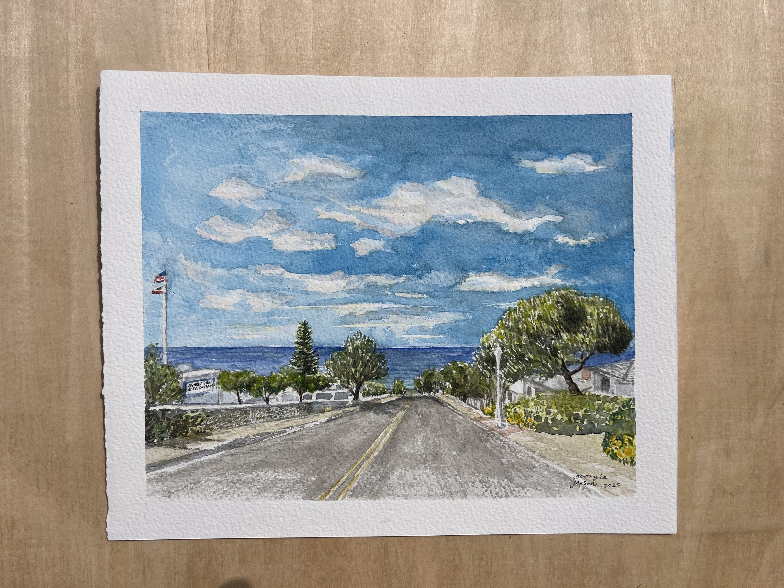RECENT COMMISSION by Sunset View Elementary School for a Teacher Retirement gift, for 30 years of service at the school (view of Hill street, San Diego, California) 8”x"10” WATERCOLOR ON ARCHES COLD PRESSED PAPER