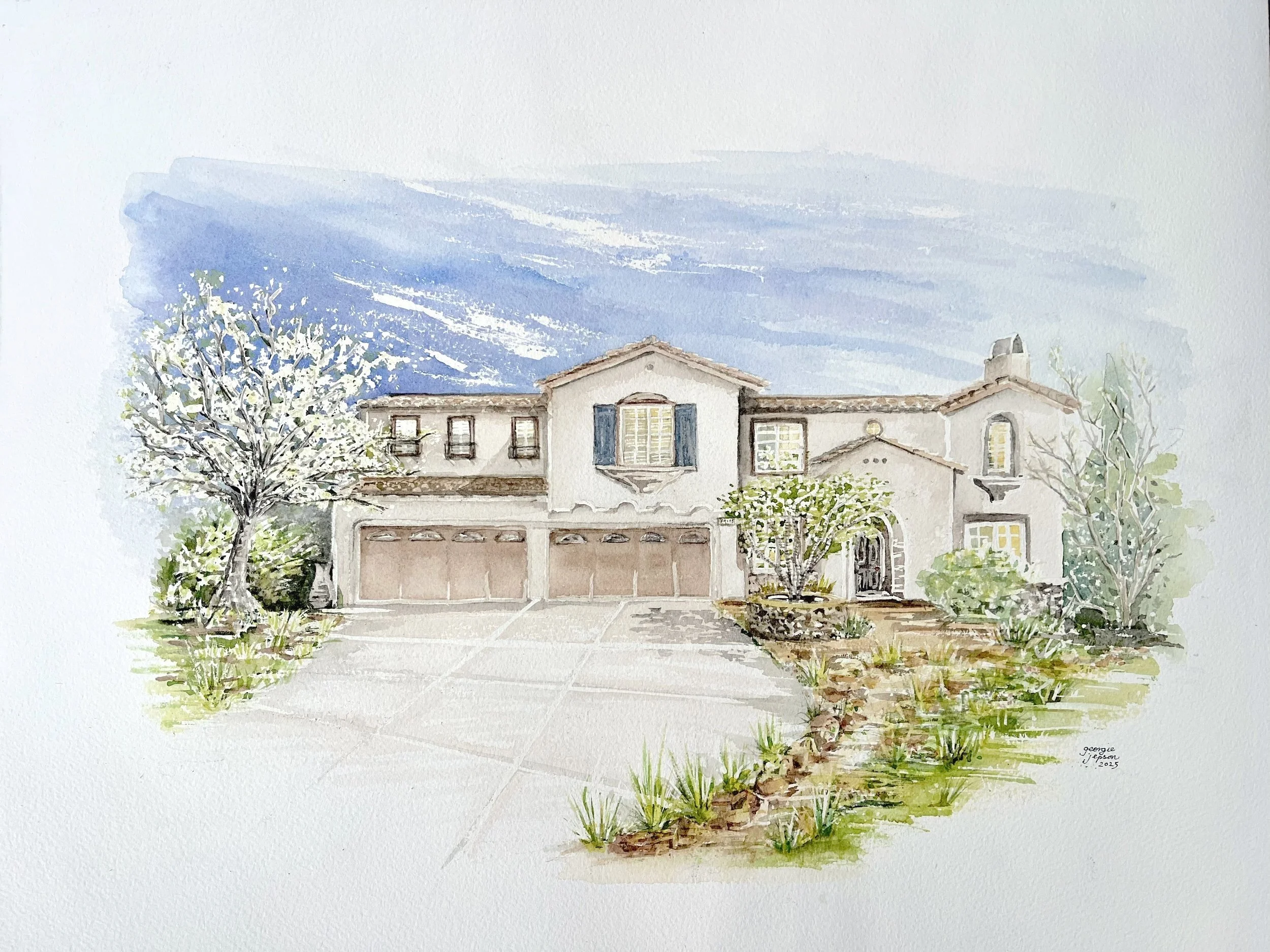  RECENT COMMISSION  by Dean Aguilar Group (DAG) San Diego real estate team, house portrait sale completion gift for selling their family home of 18 years  16”x"20”  WATERCOLOR ON ARCHES COLD PRESSED PAPER 