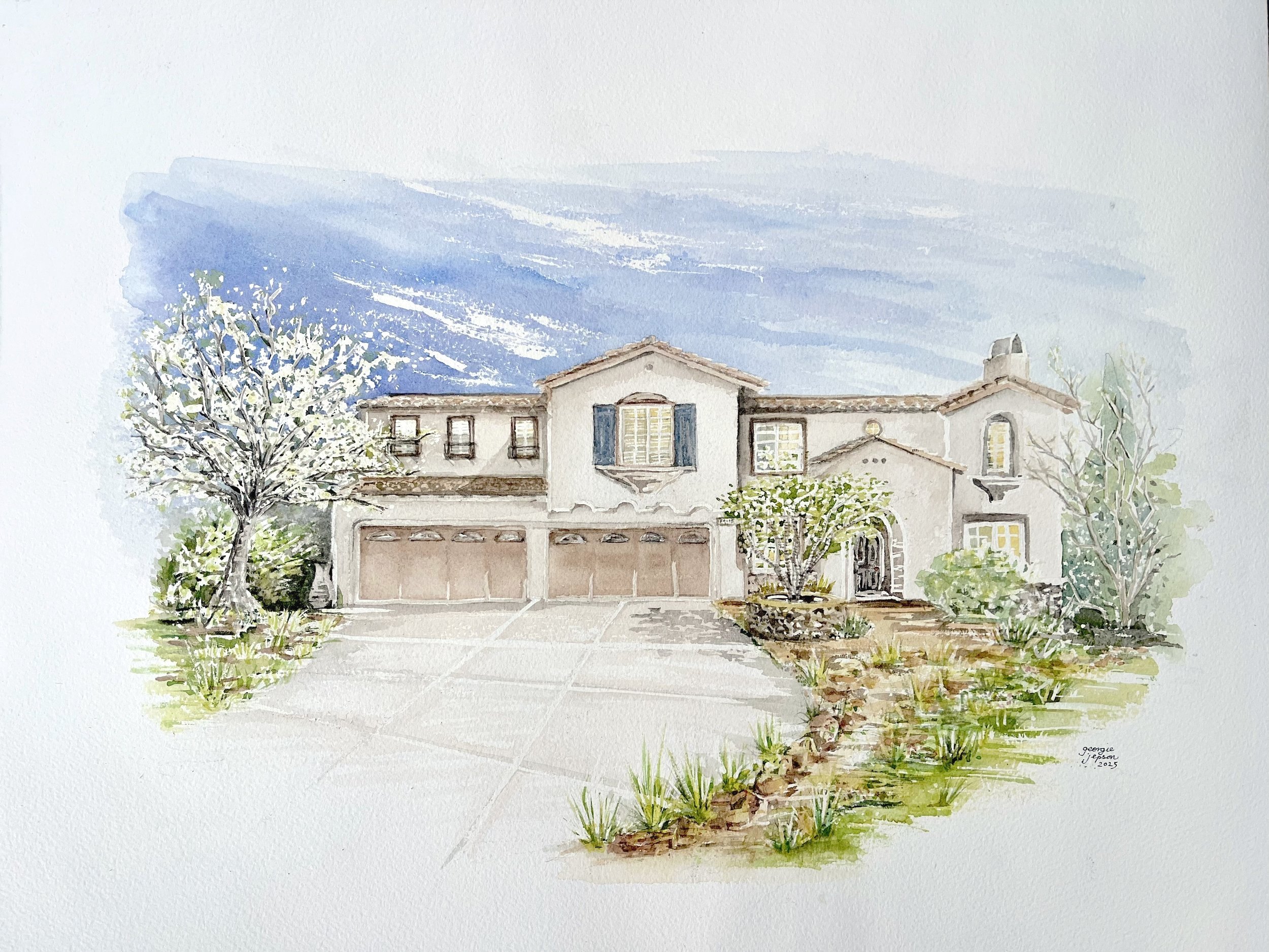 RECENT COMMISSION by Dean Aguilar Group (DAG) San Diego real estate team, house portrait sale completion gift for selling their 18 year old family home 16”x"20” WATERCOLOR ON ARCHES COLD PRESSED PAPER