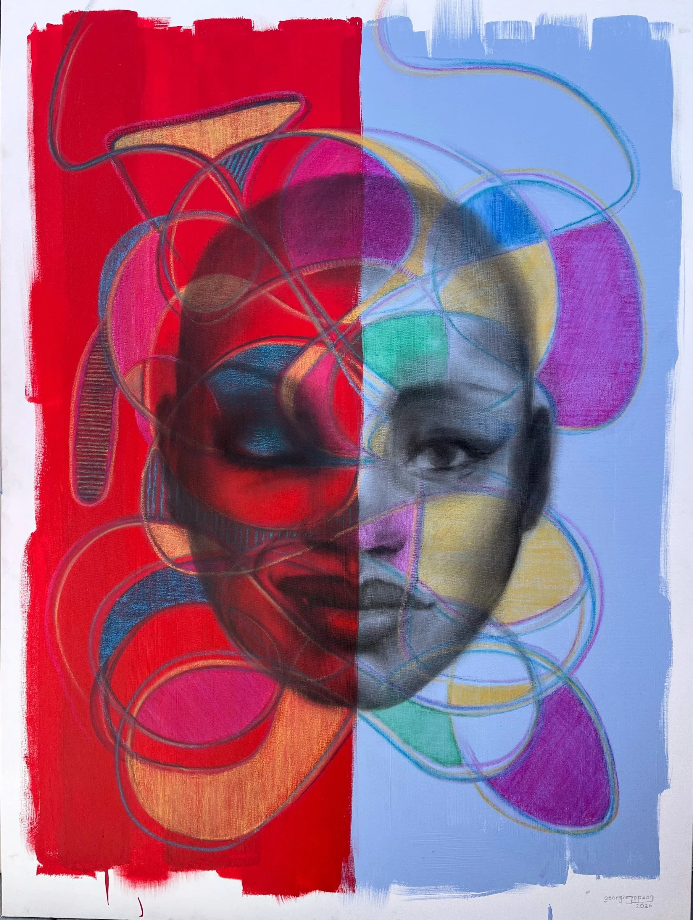  anima animus  48’’x36’’  oil, tinted gesso, watercolor crayons  2026    Prints available soon   