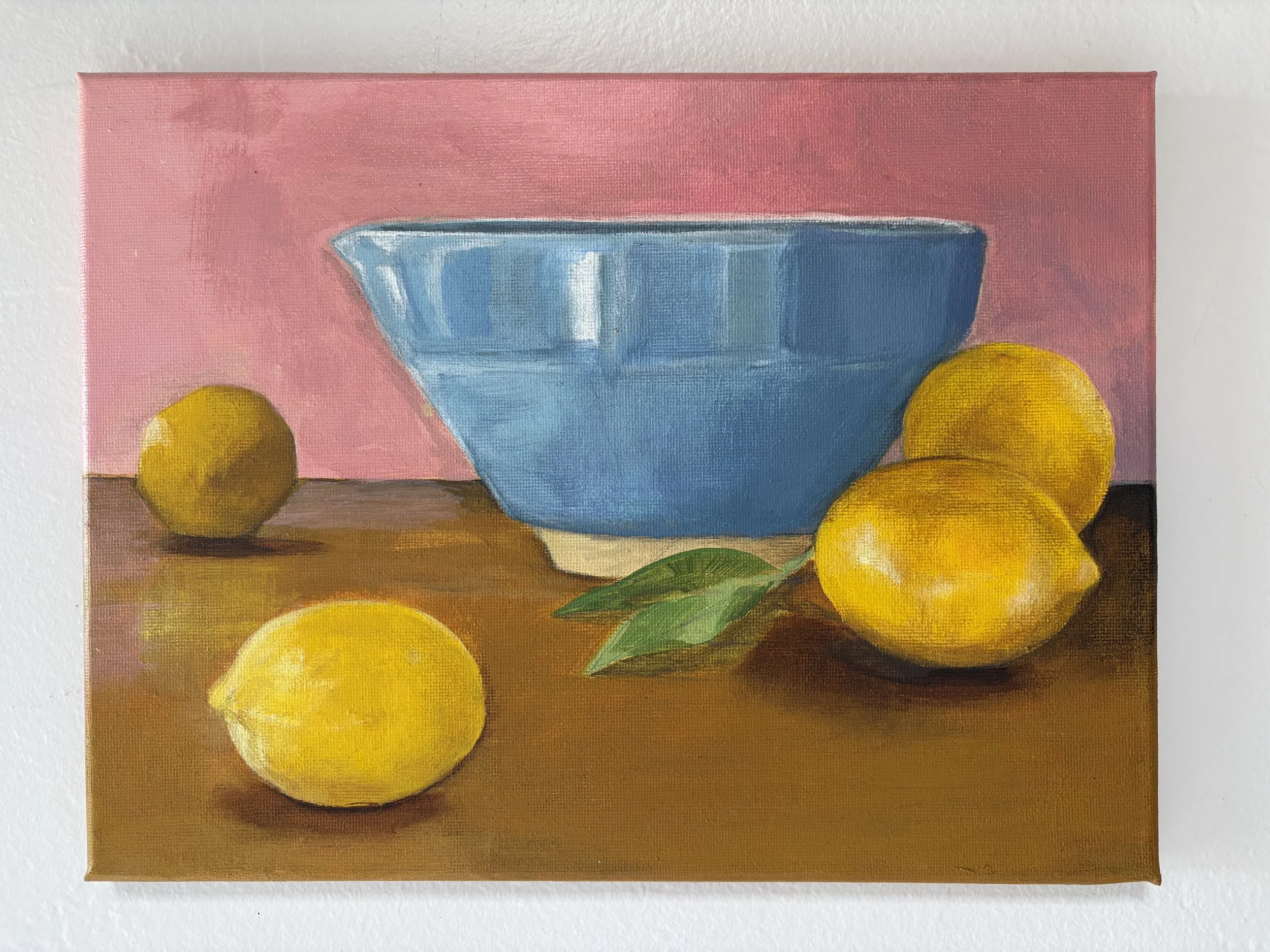  lemons + periwinkle bowl  9’’x12’’  acrylic on canvas   2025    Prints available soon    