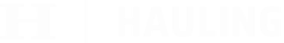 Close-up of a logo with the text 'HI | HAULING' in white on a black background.