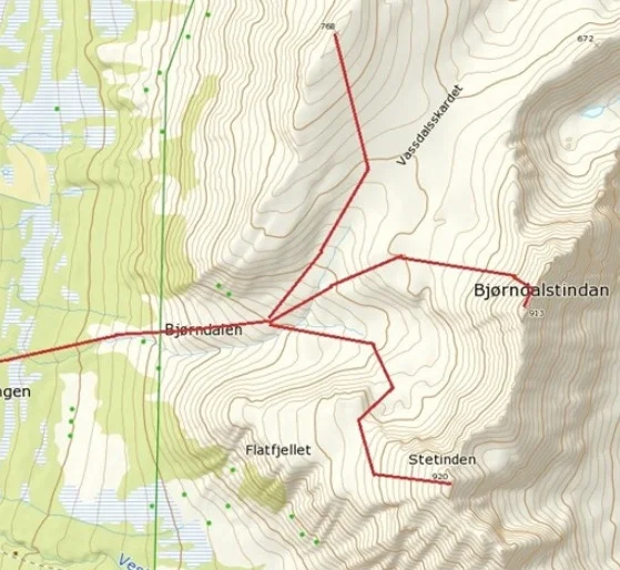 Inntegnede ruter til Rundfjellet, Bjørndalstindan og Stetinden. Kart lånt av Kugo 😊