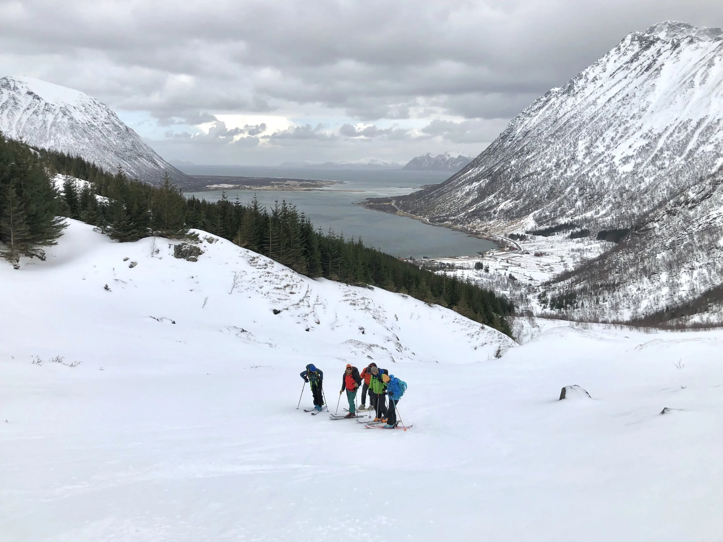 Vi valgte mere skikjøring (og ny opptur) her nede fra Morfjordskaret og Morfjorden. Vi tok fellene på ved ca 70 moh
