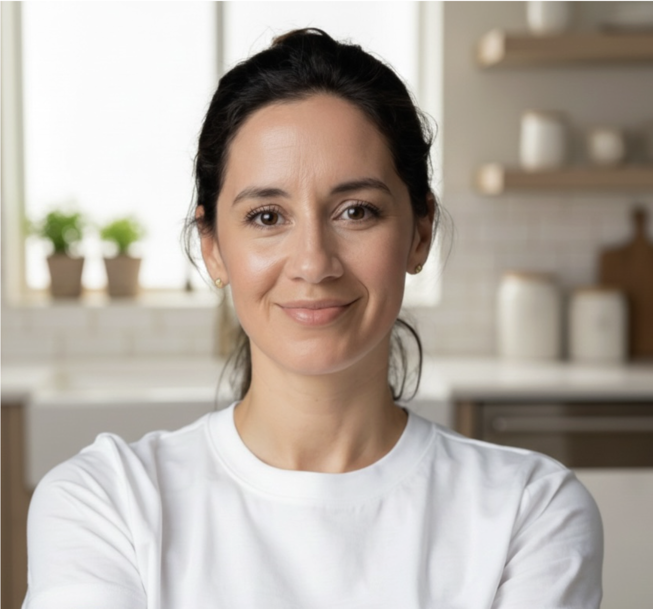 A woman with dark hair tied back, wearing a white shirt, smiling at the camera in a light-colored kitchen with potted plants and dishes on shelves in the background.