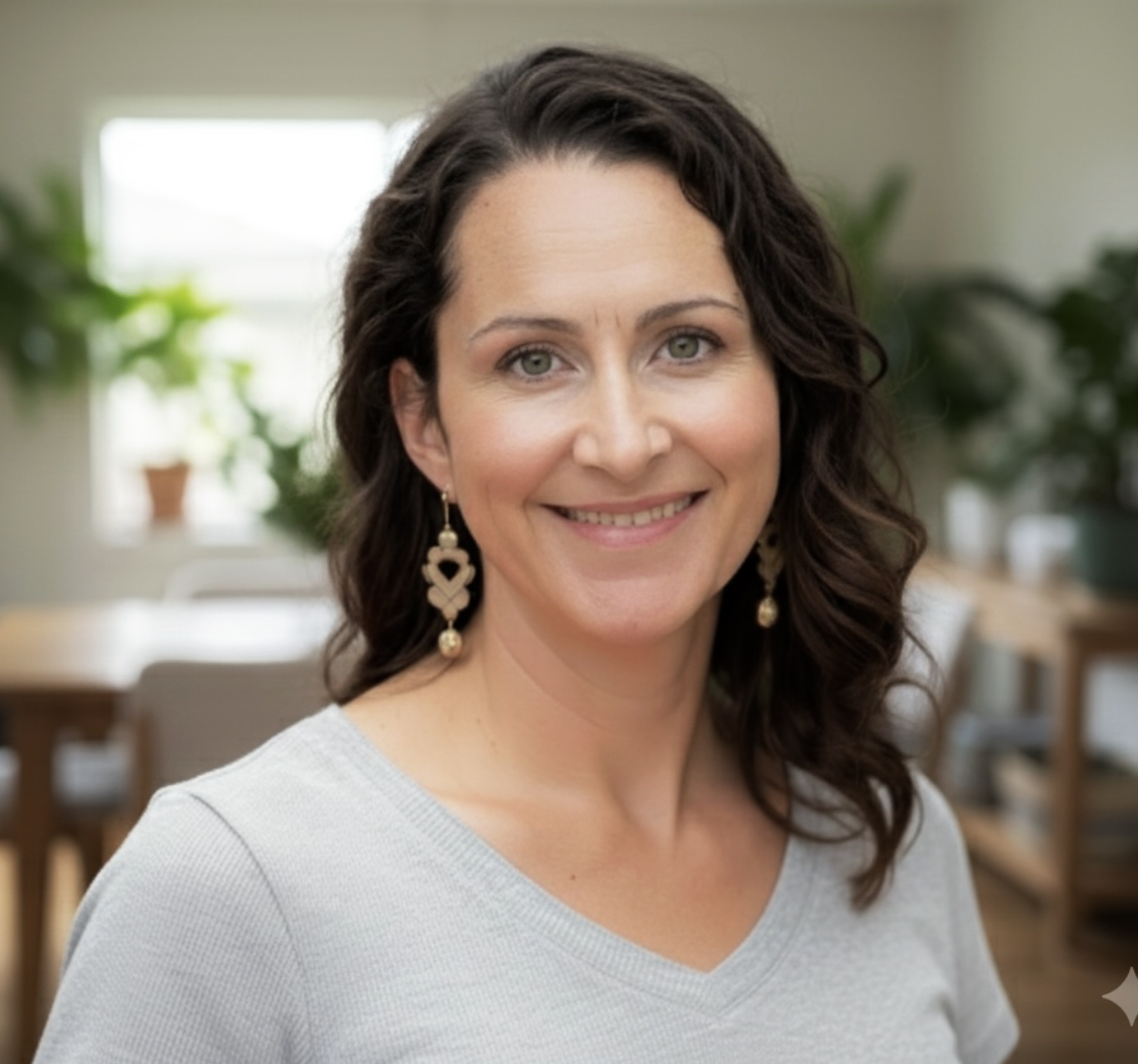A woman with wavy brown hair and green eyes, smiling, indoors with plants in the background.