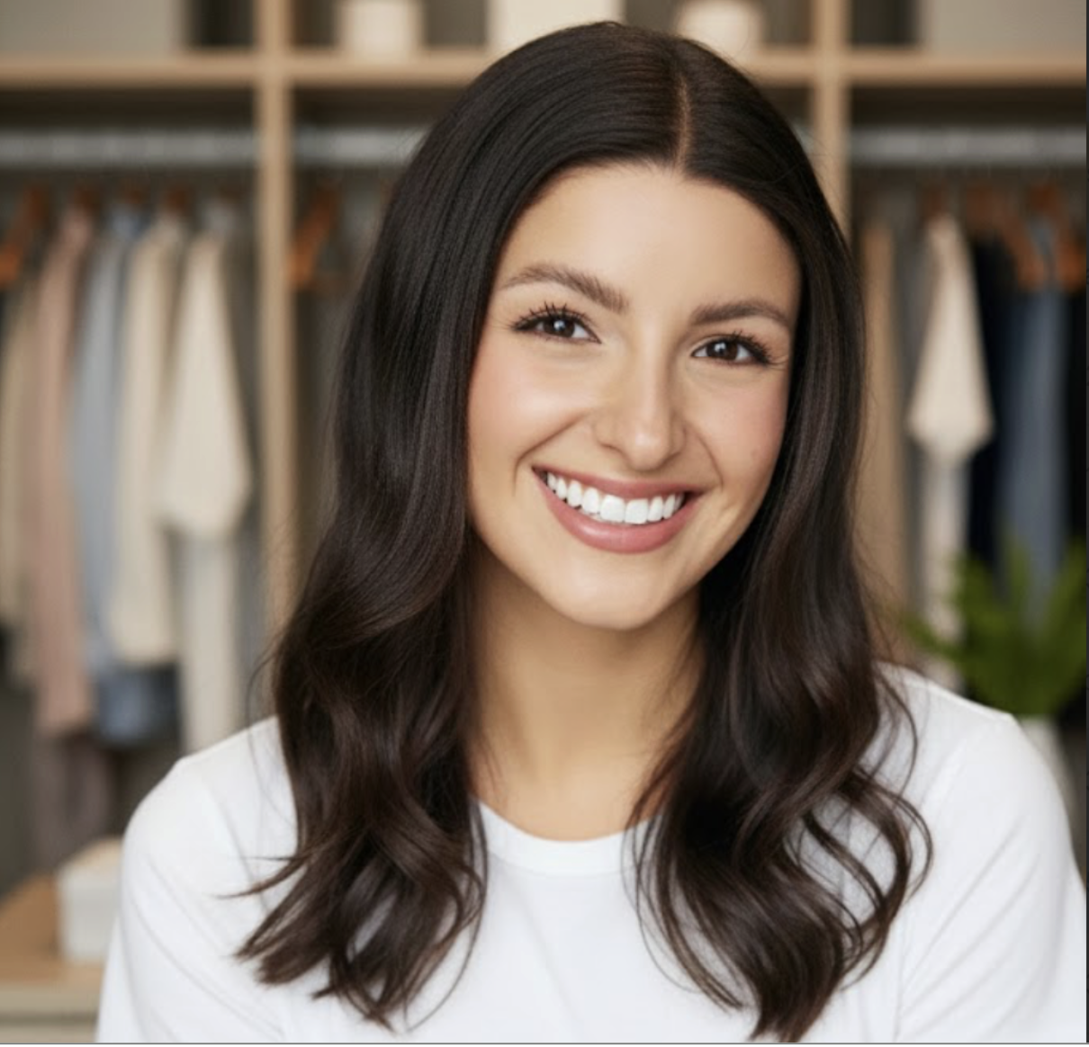 A smiling young woman with dark brown wavy hair, wearing a white top, standing in front of a closet with hanging clothes.