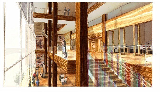 This design was part of a concept for a Center for Sustainability in San Francisco. We incorporated rammed earth for wall texture and thermal mass. Responsibly sourced wood columns extend floor to ceiling with walkways in between creating a treehouse