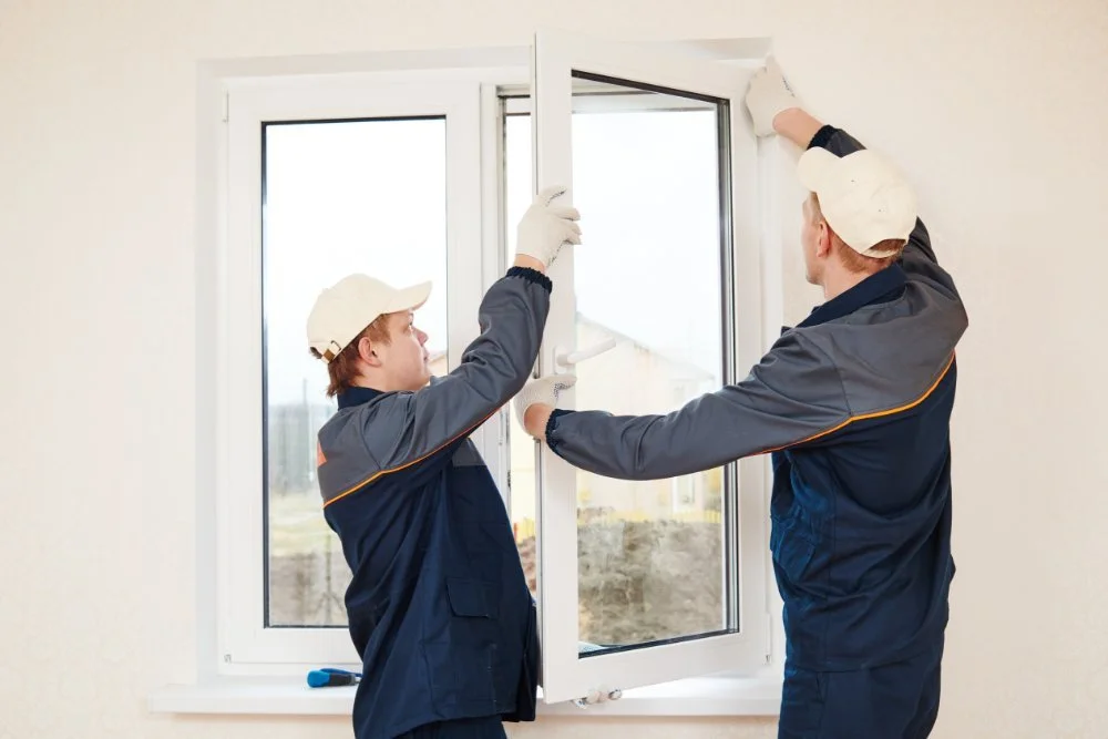 Professional installers fitting a new energy-efficient window inside a home