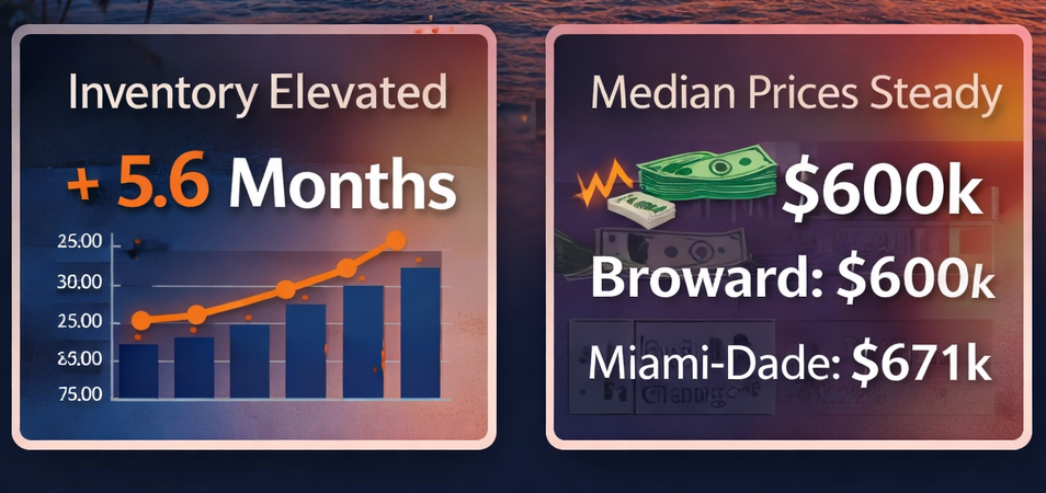 South Florida real estate summary graph — Broward vs Miami-Dade November 2025
