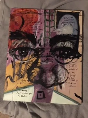 Acrylic on canvas with other materials such as glue and paper. An ex-partner painted the base colors. Not for sale. ✝️