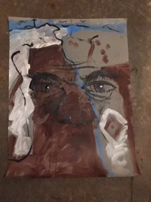 I Am Broken But Feeling Okay. Acrylic on hard paper. Approximately 1 1/2' by 2 1/2' Theme of facial features with a landscape with Crosses on the top. $149 ✝️