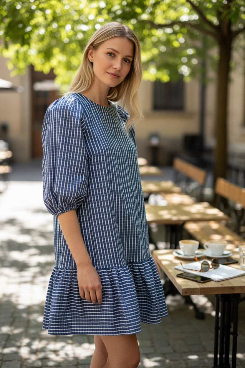 LDT Ruffled Seersucker Mini Swing Dress