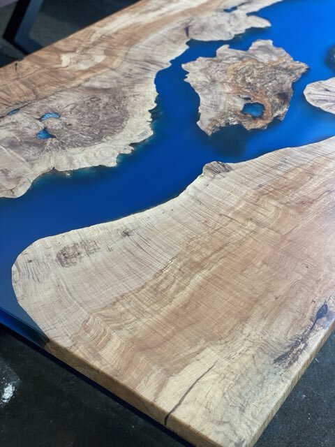  Maple Burl Clear Blue Island Table