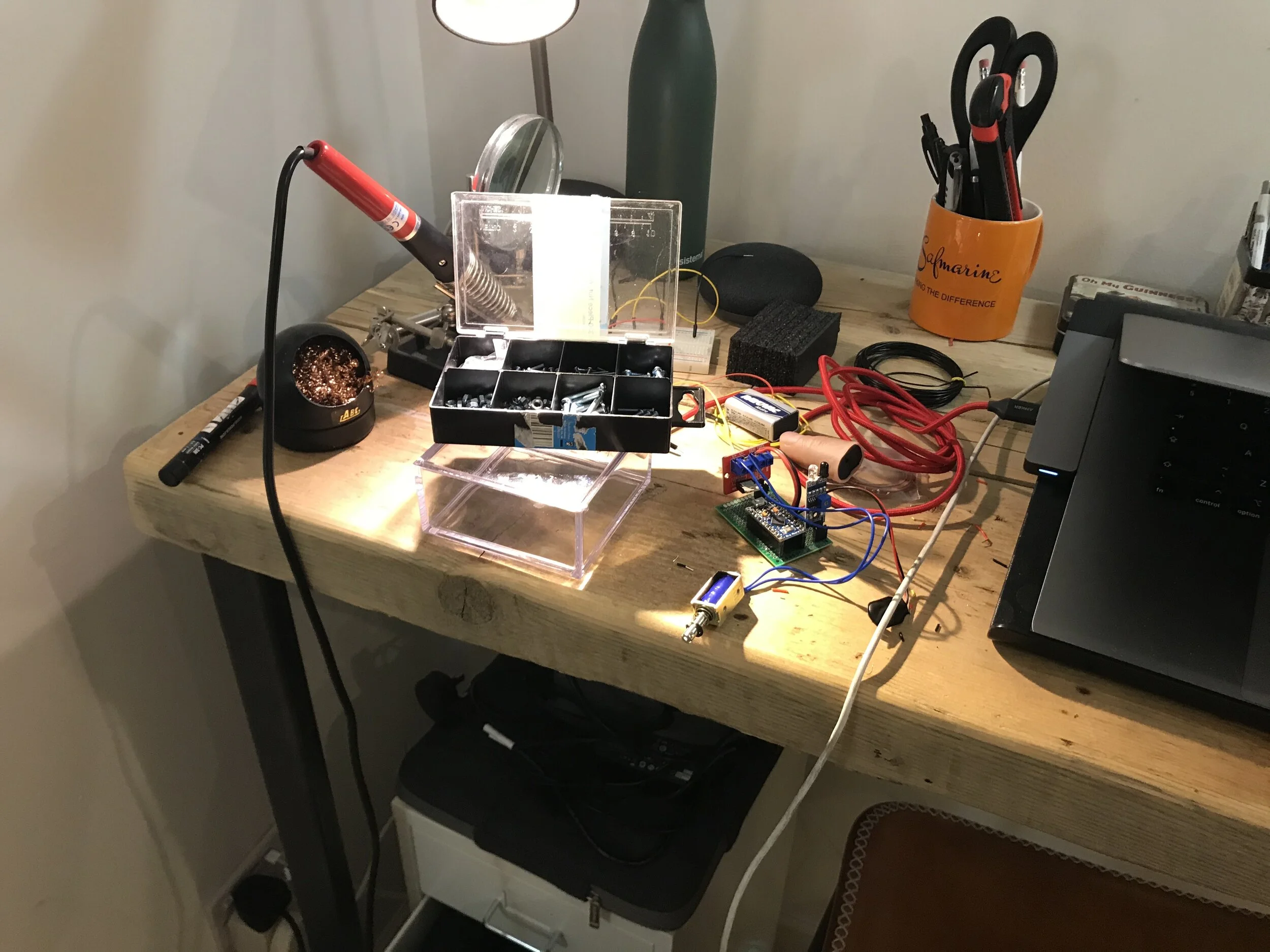  The project was made using an arduino pro mini board ( c++ ), a distance sensor and a solenoid.    