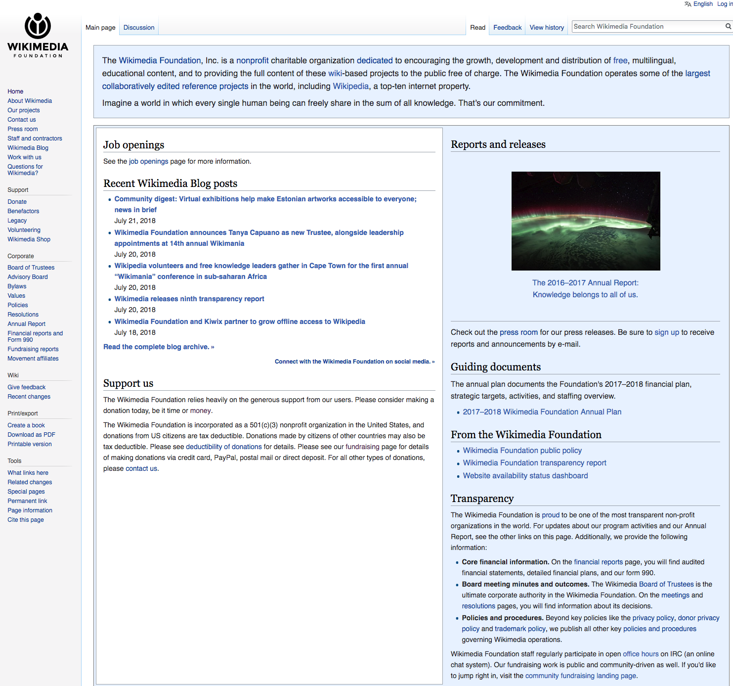 Content was hard to find on the information-dense Wikimedia homepage.