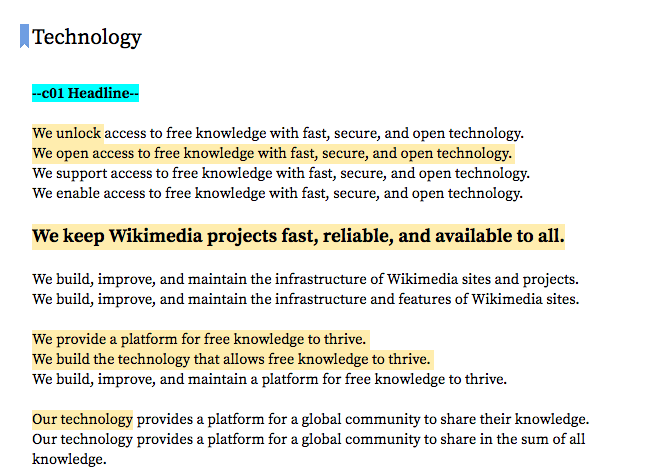 A sampling of headline exploration for one portion of wikimediafoundation.org.