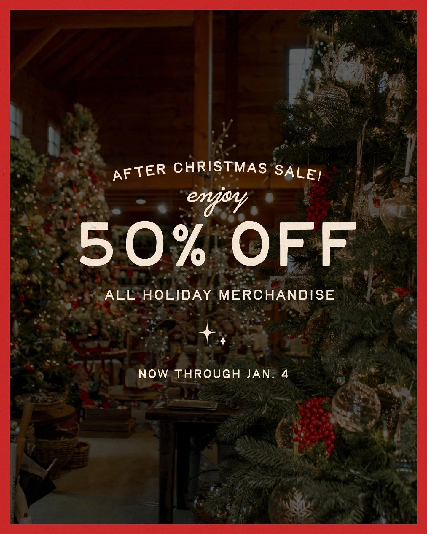 We are back and open with 50% off all holiday merchandise! We are open regular hours, Monday-Saturday 10-5 and Sunday 10-4 ✨