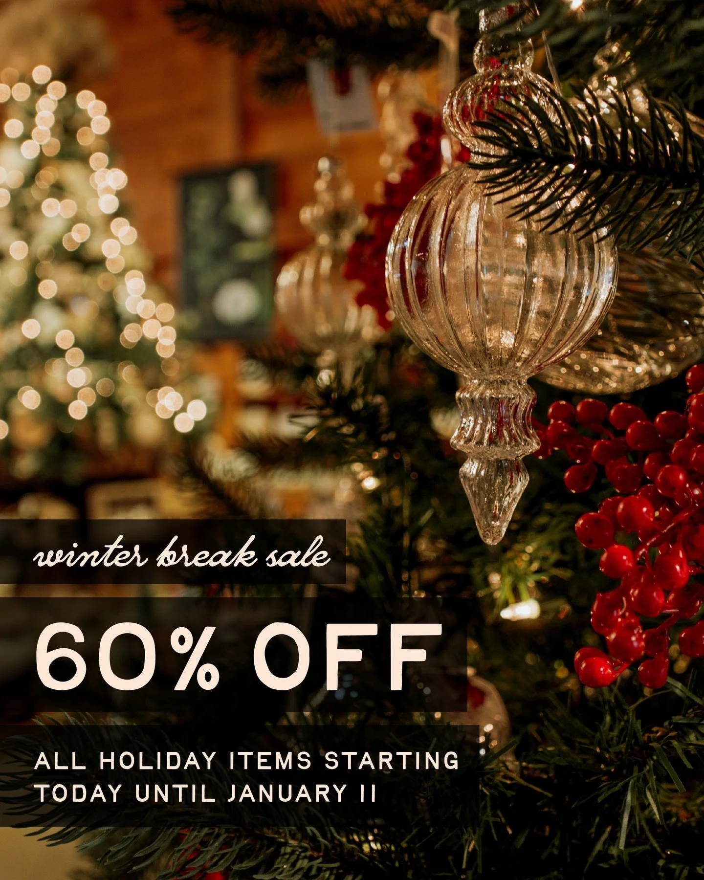 All holiday items 60% off starting today until January 11. From January 12 to March 6, we will be taking a winter break to rearrange the store with new merchandise.

Starting March 7, we will be open Saturdays only from 10-2 for those of you needing 