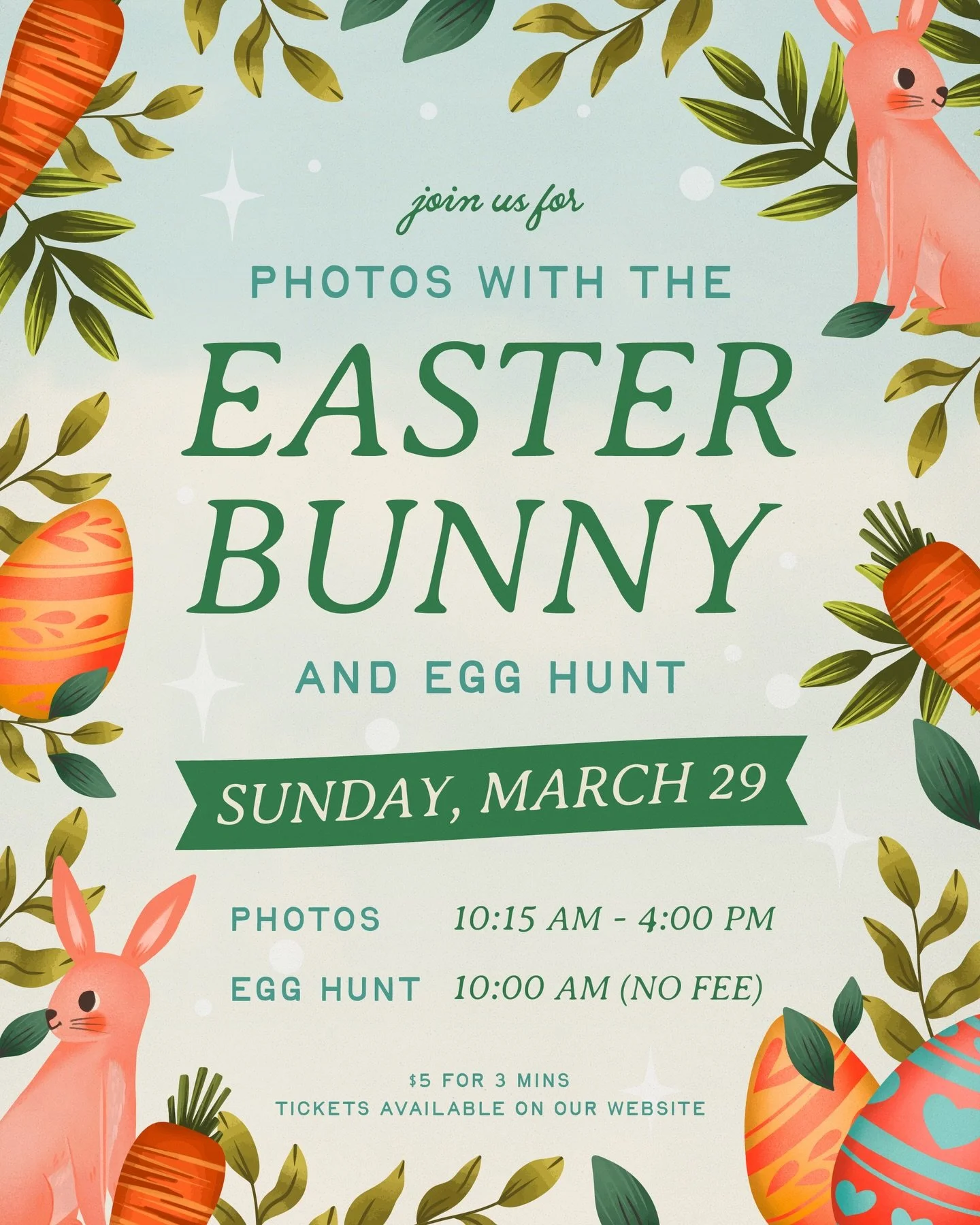 Join us for a special visit from the Easter Bunny! 🐰🐣There will be an Easter egg hunt for children ages 2-10 (no fee) starting at 10:00 AM and photos will be from 10:15 AM - 4:00 PM ($5 for 3 mins). Tickets are available on our website or in the li