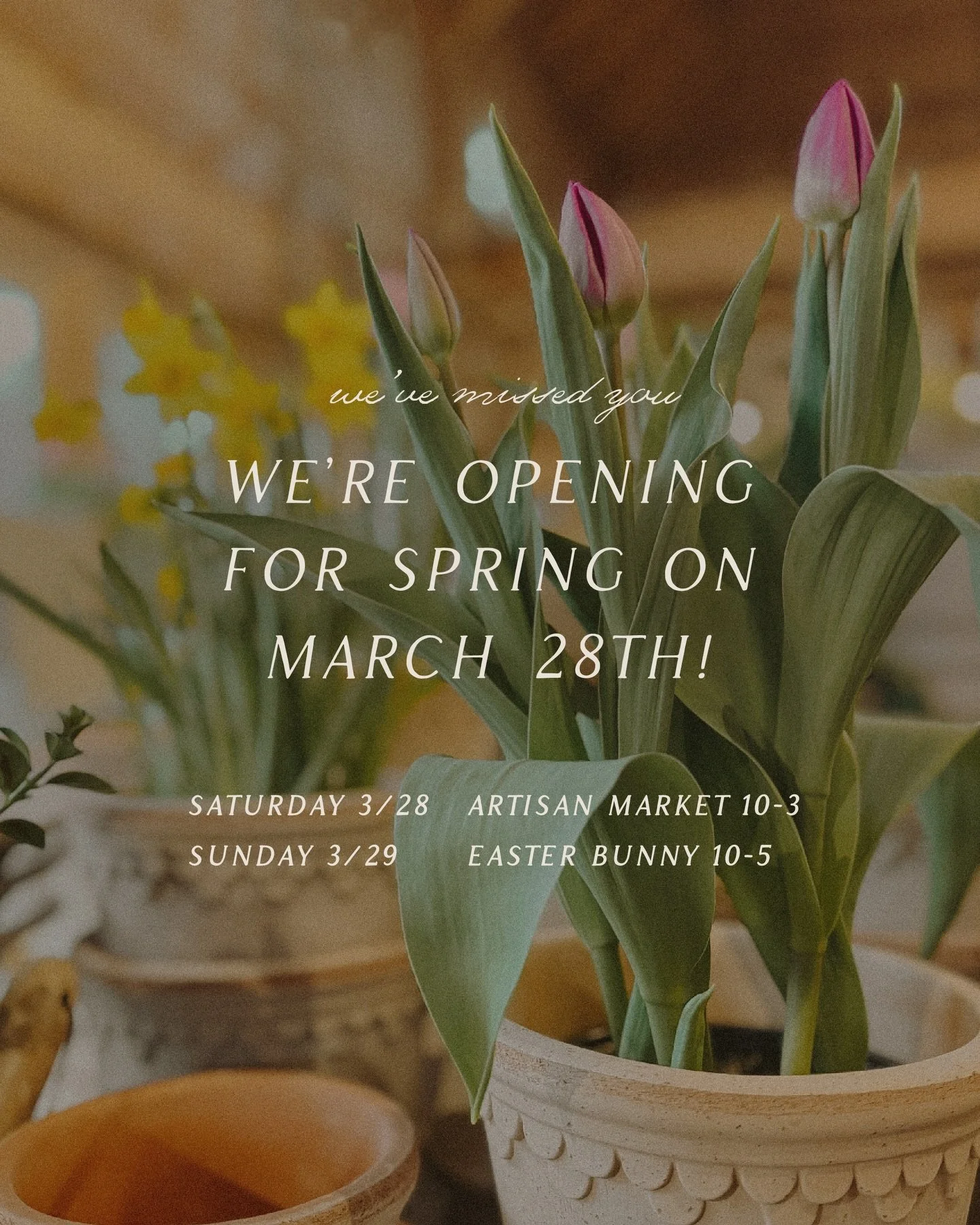 We&rsquo;re back and we&rsquo;ve missed you! Come welcome spring with us this Saturday at our artisan market and Sunday with our Easter Bunny (appointment needed for pictures). We will have new spring merch in the barn, sandwiches and baked treats in