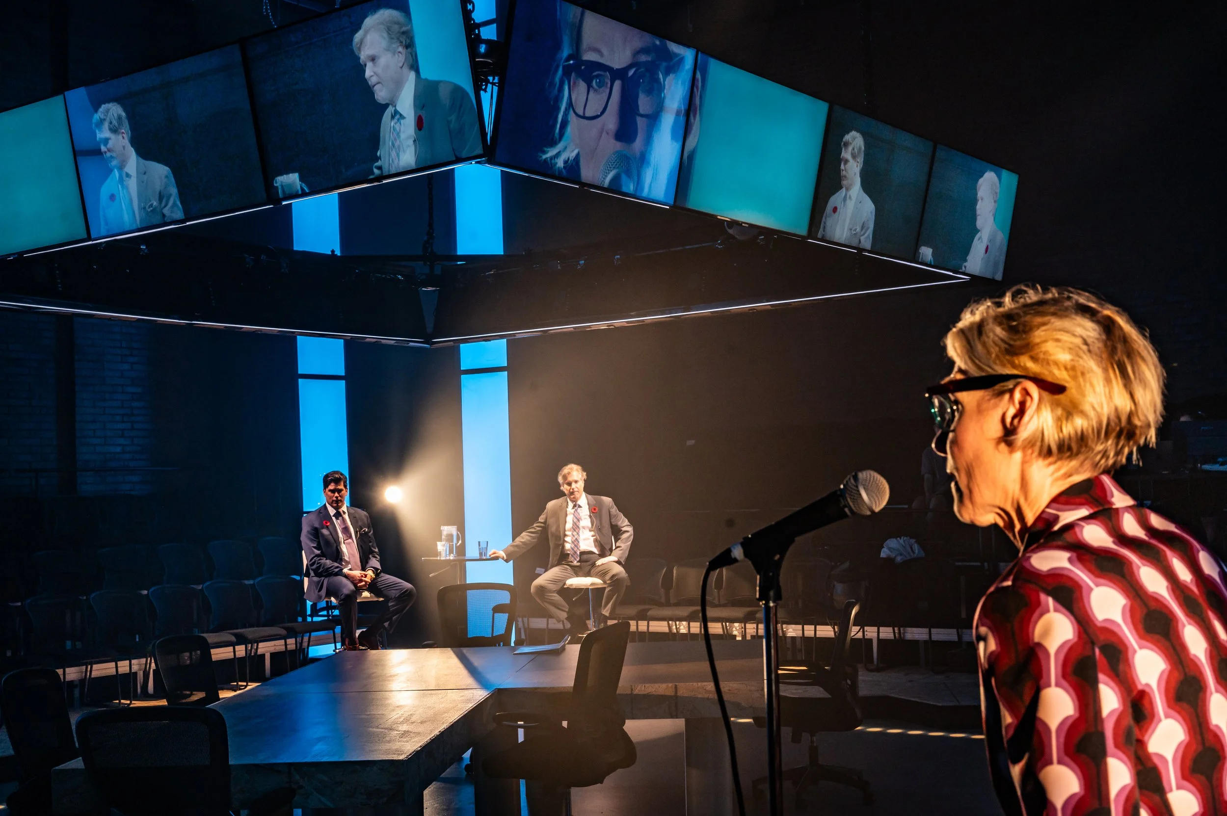 front right, Philippa Domville as Bianca Wylie, seated from l-r: Mike Shara and Ben Carlson