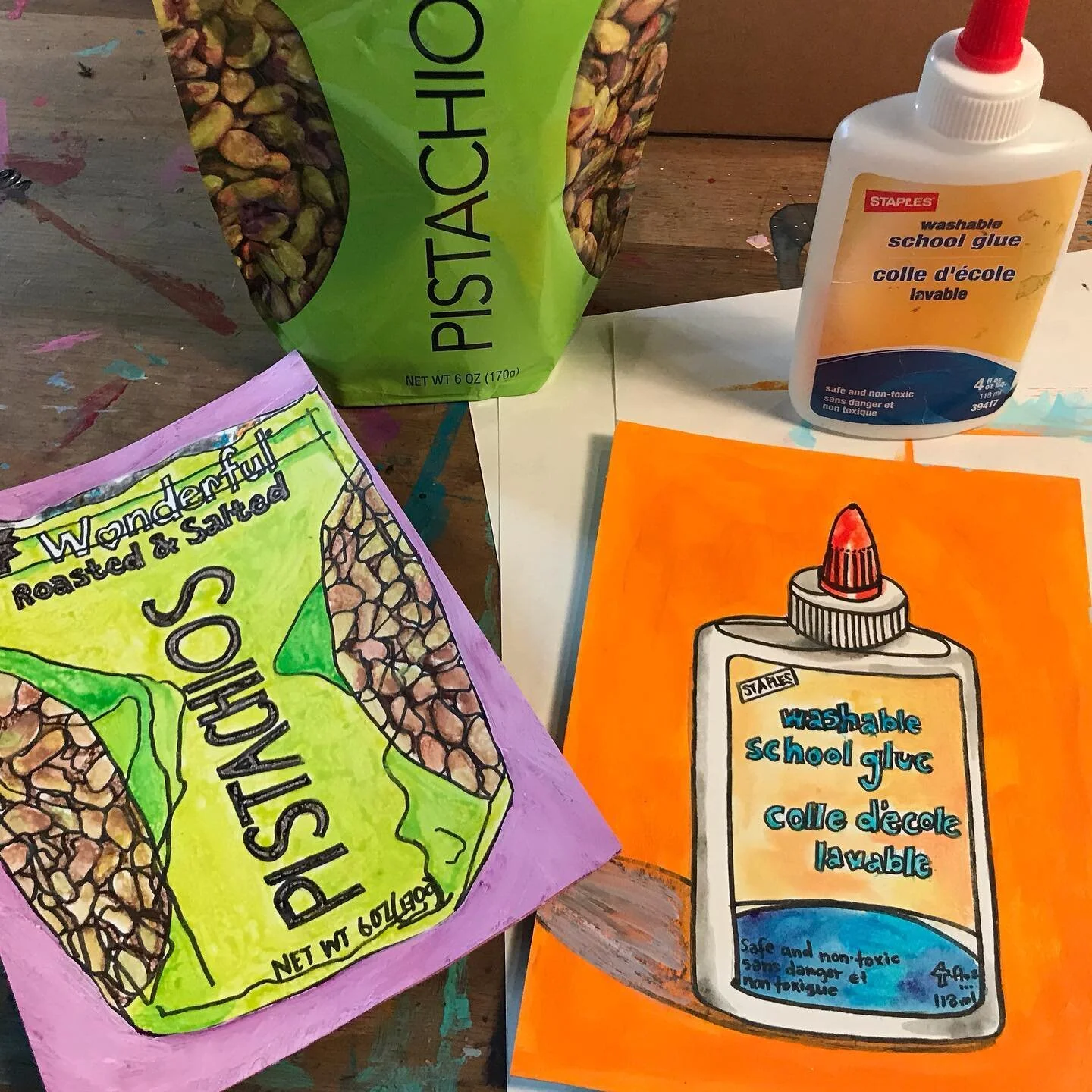 Today&rsquo;s online Art Club made packaged object illustrations using strong line elements and bold colors. We noticed text and major shapes, textures, and details. 
We were inspired by the drawings of Nadine Gerber. 
#washableglue #pistachios #wond