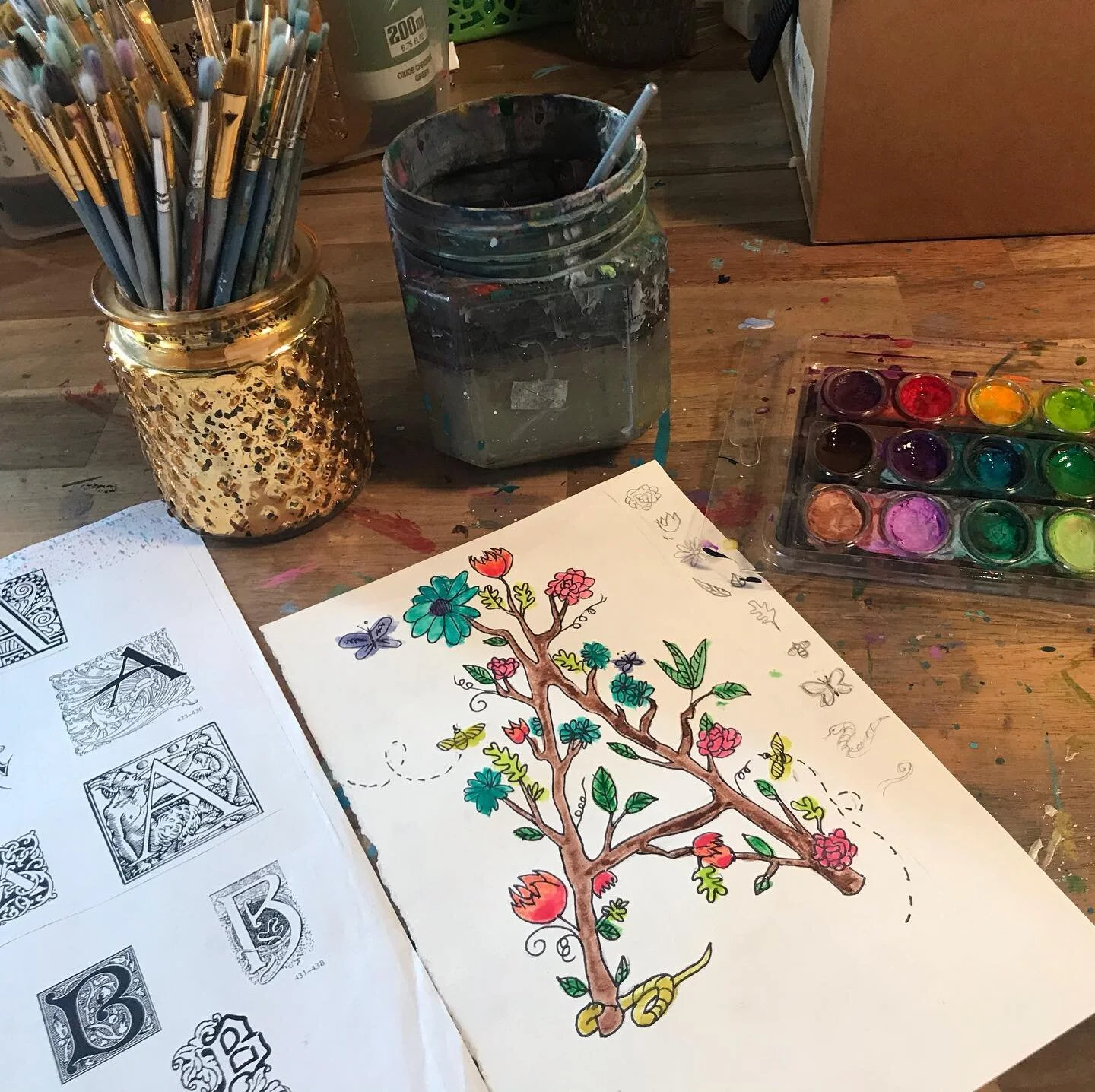 Today&rsquo;s Zoom Art Club did monogram designs based on themes. The example here is nature themed. We set 8 major elements that were to repeat, in random arrangement and varied size. Then we choose a &lsquo;rare element&rsquo; (mine is a snake). Ou