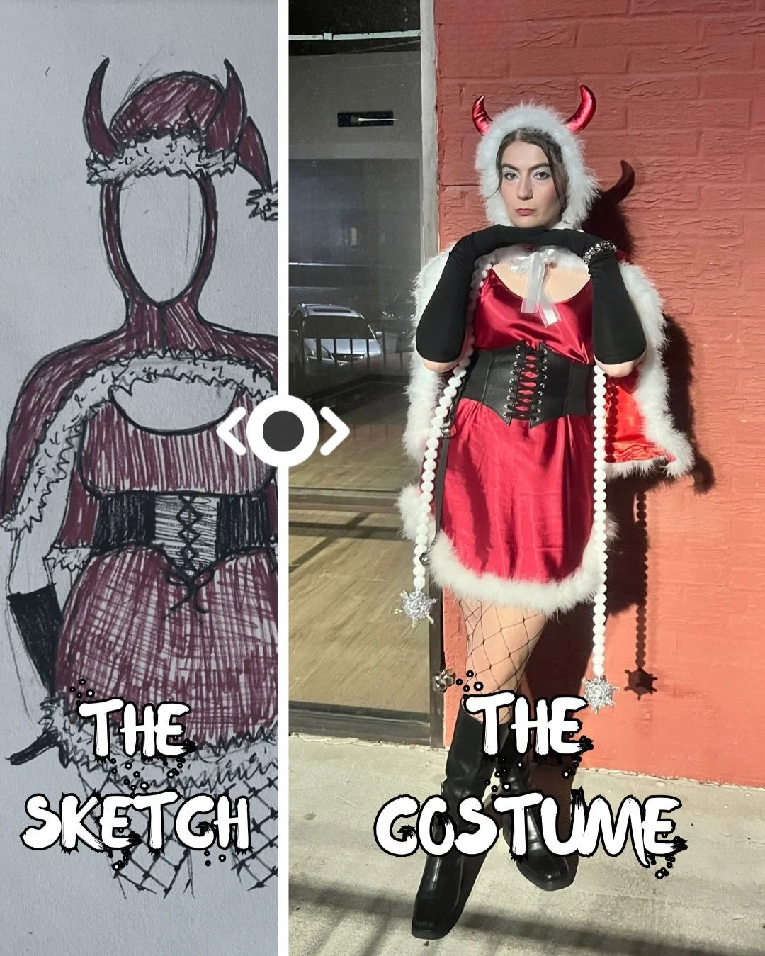 A little side by side from a recent costume I made for funsies 🎅😈#costumedesign #costumedesigner #drag #burlesque #funnycostumes