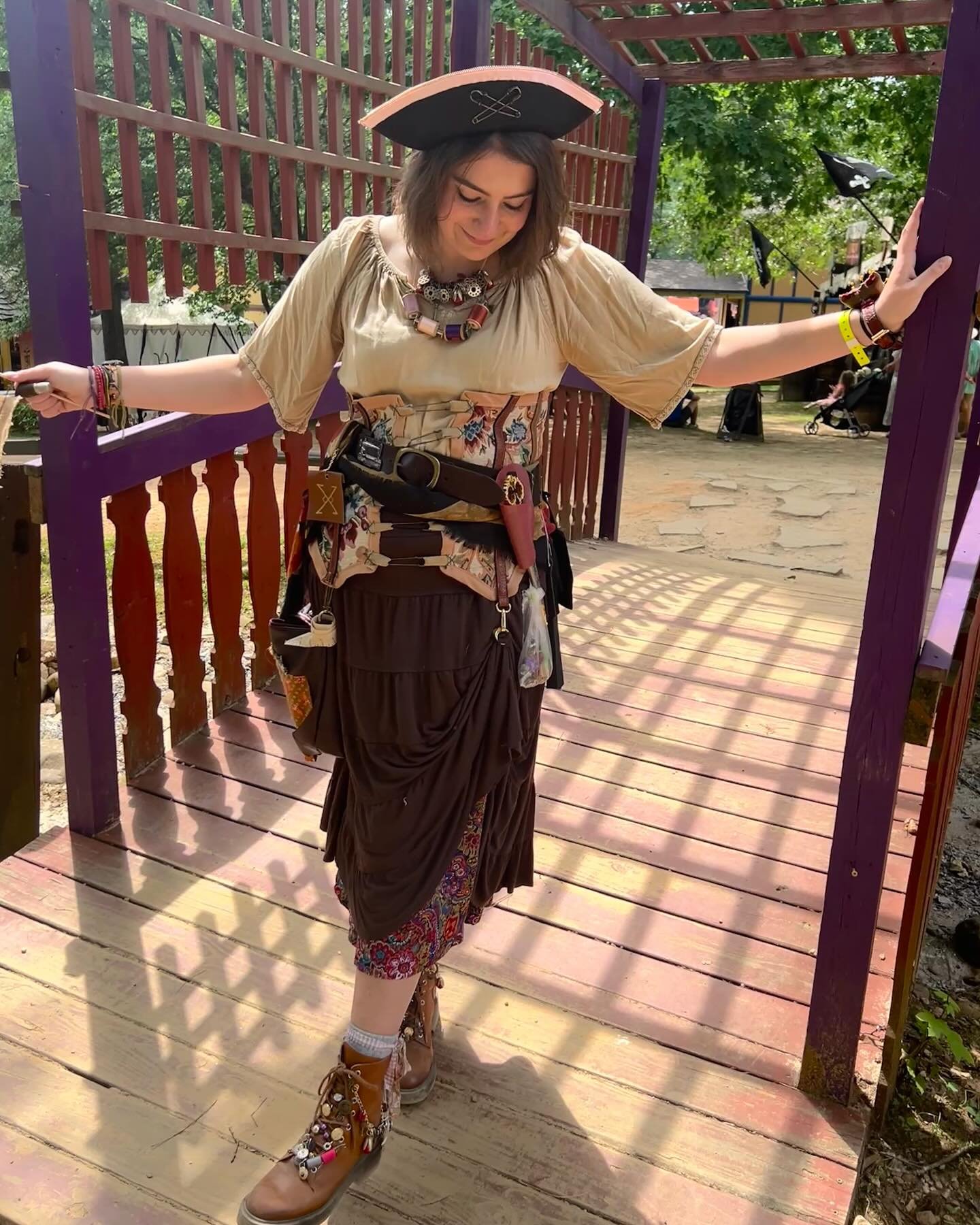 A tailoring tinkering pirate, because somebody had to make the Jolly Roger, right?
handmade bodice &bull; upcycled hip bag &bull; handmade leather pin cushion &bull; upcycled thimble &bull; upcycled thread + bobbin + bobbles necklaces &bull; decorate