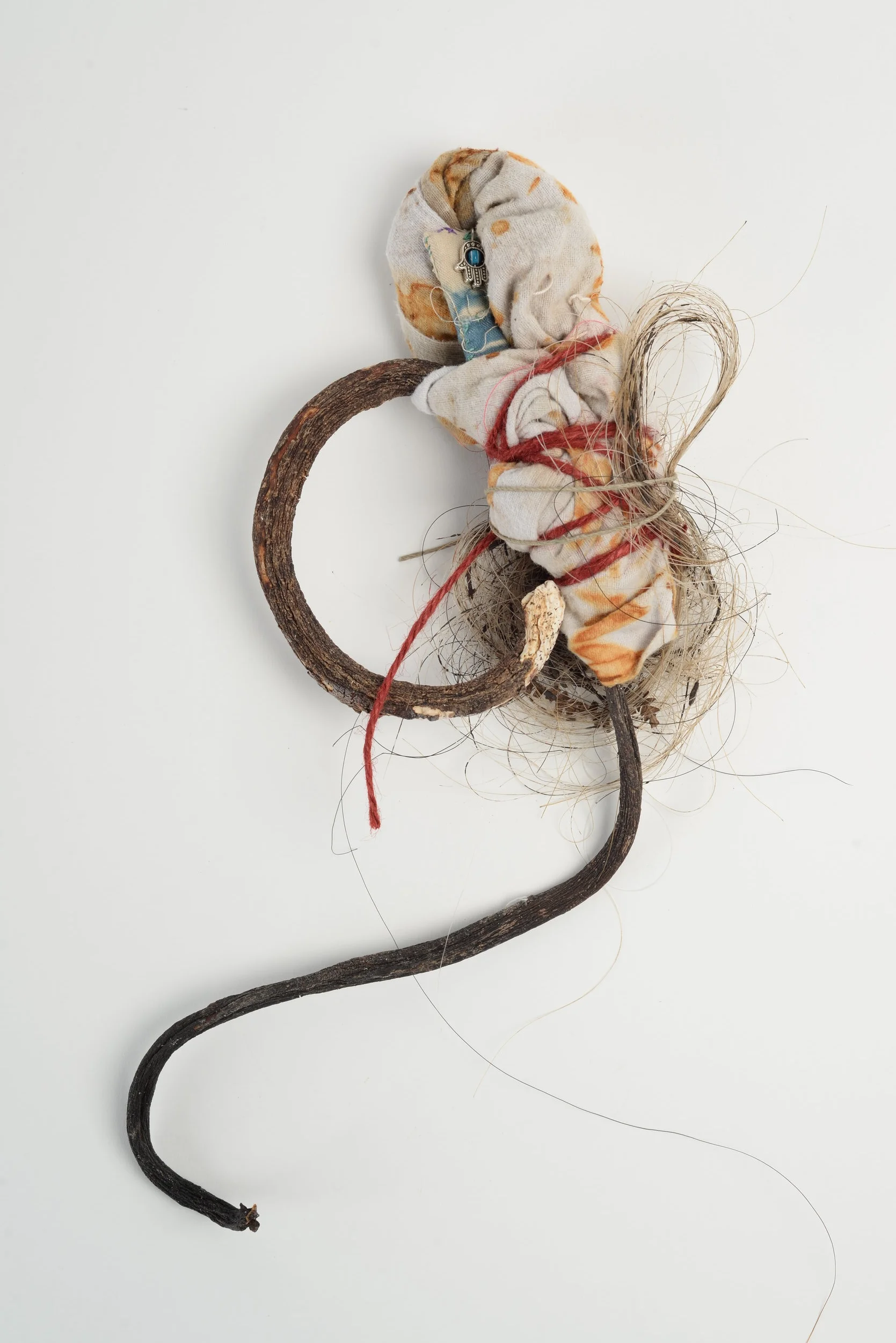 Untitled(curly), 2017 seaweed, rust-printed cloth, horse-hair, token of gratitude h33cm