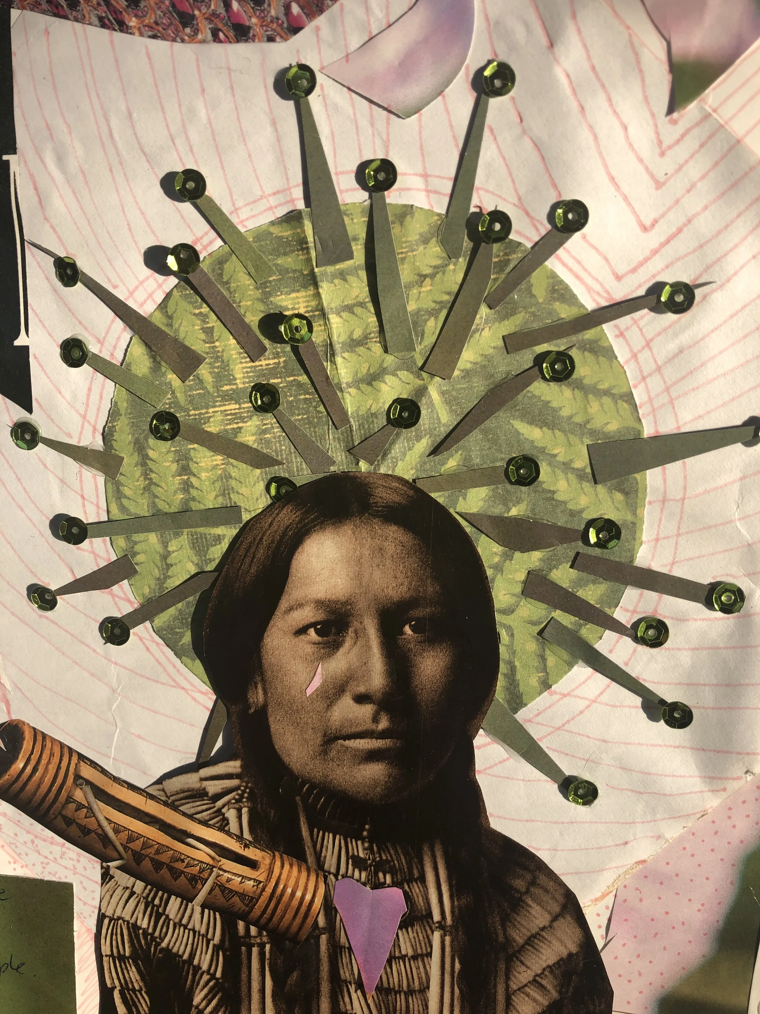 SAINT CORONA by Karrie Kirchner 2020 (Detail of larger work TRAIL OF TEARS)Collage with sequins, sharpie, pen and glue on foam board. 10” X 12”Bibliography: wildlife calendar, National Geographic (unknown publishing date), fashion magazine, scrapboo…