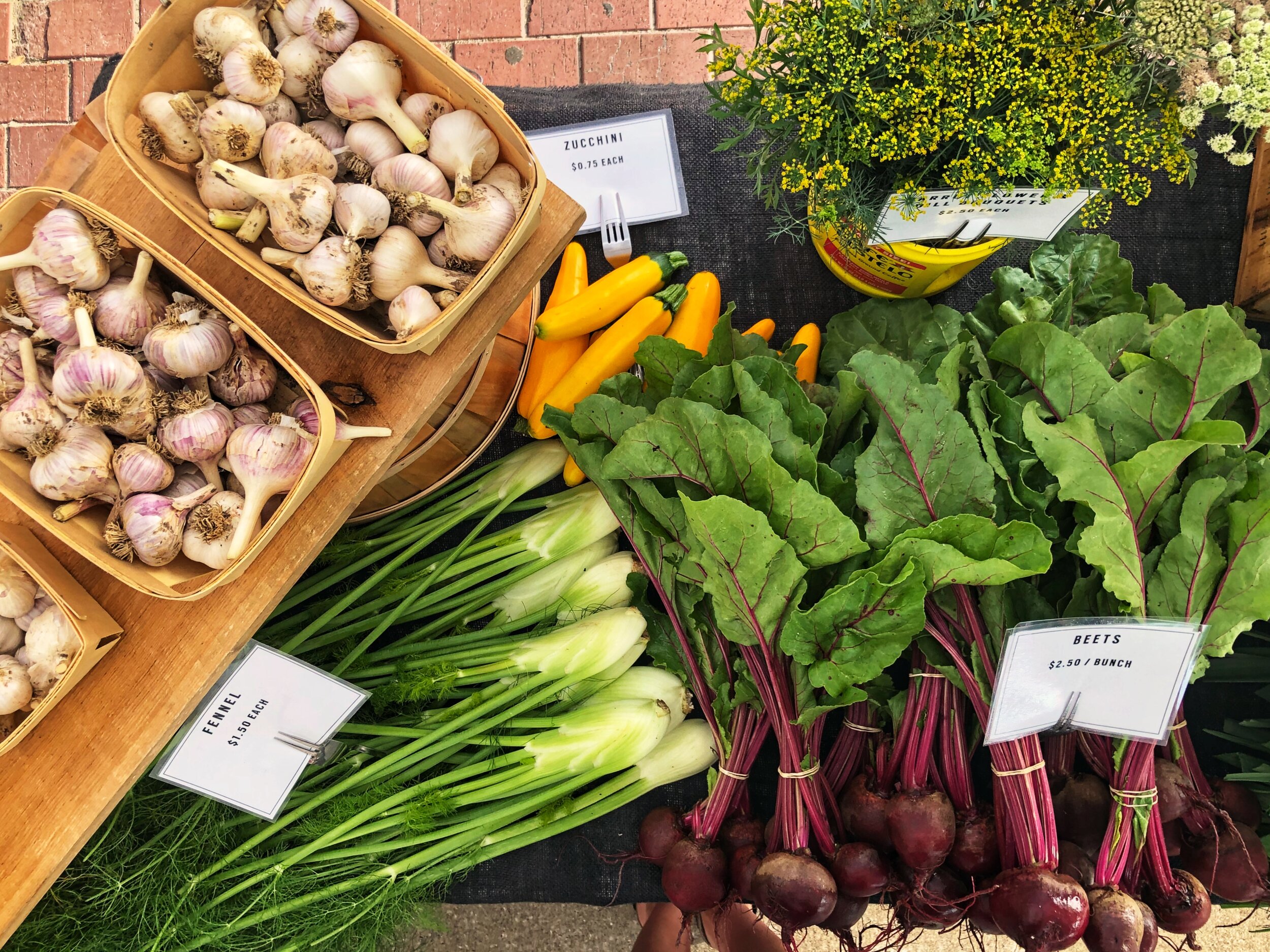 Fresh garlic bulbs, zucchinis, heirloom beets with greens, fennel, and a potted flowering plant displayed at a farmers market.