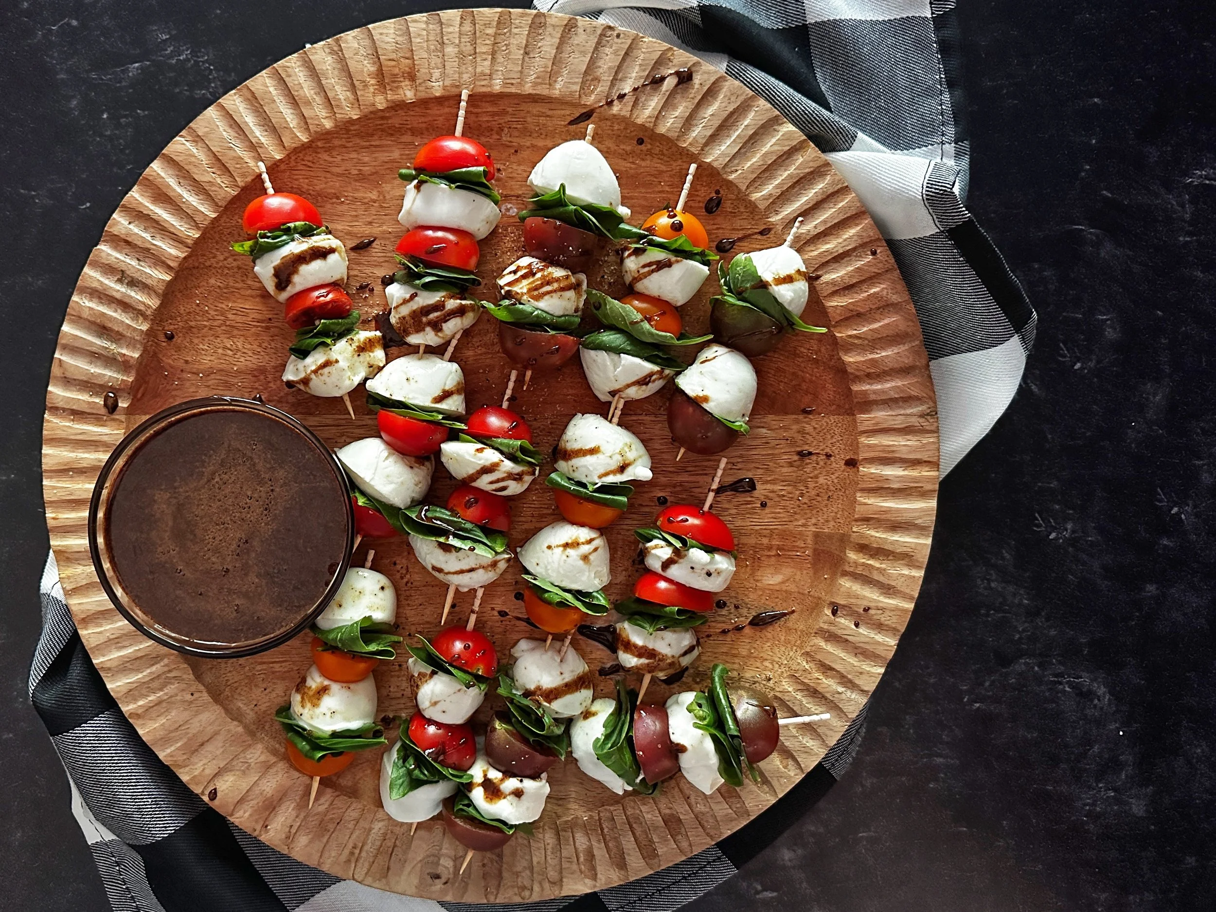 Black Garlic Caprese Skewers with Homemade Balsamic Glaze