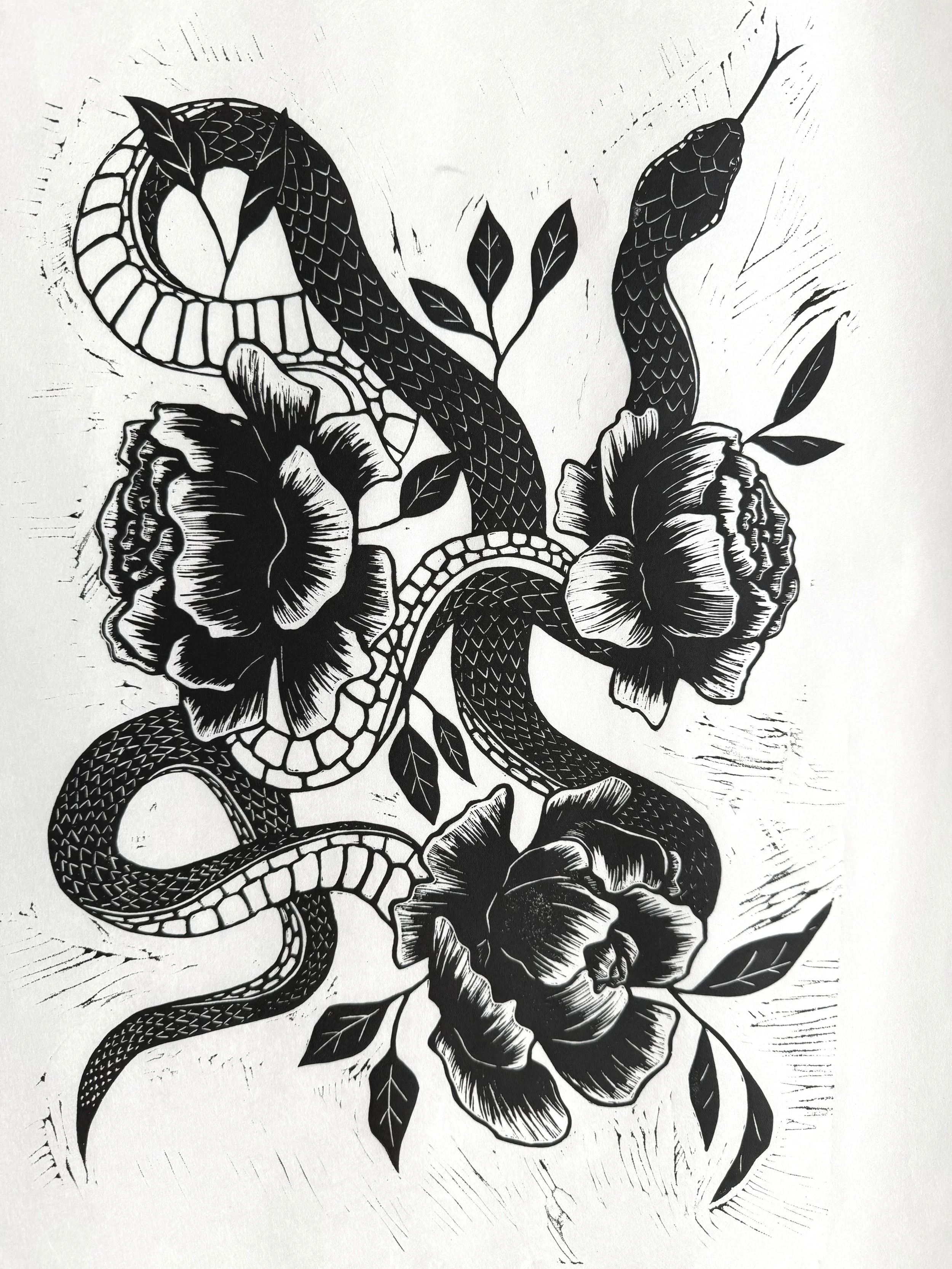 Snakes and Peonies Relief Print