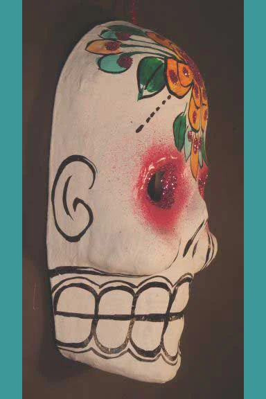Paper mache skull mask, view 1