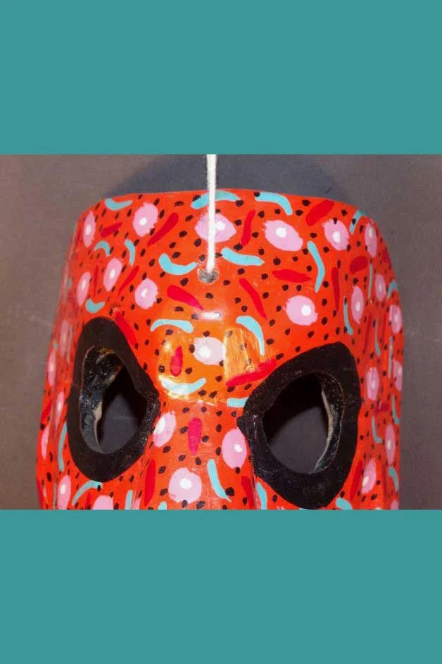 Red carved wood skull mask, view 5