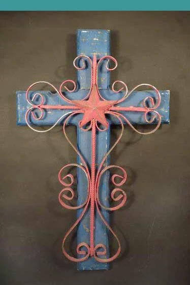 Painted wood and wrought iron cross, View 1