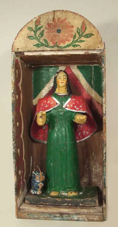 Primitive wooden nicho with Virgen, view 1
