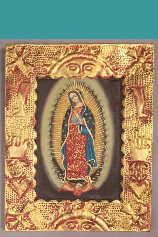 P2. Virgin of Guadalupe painting in tin frame.