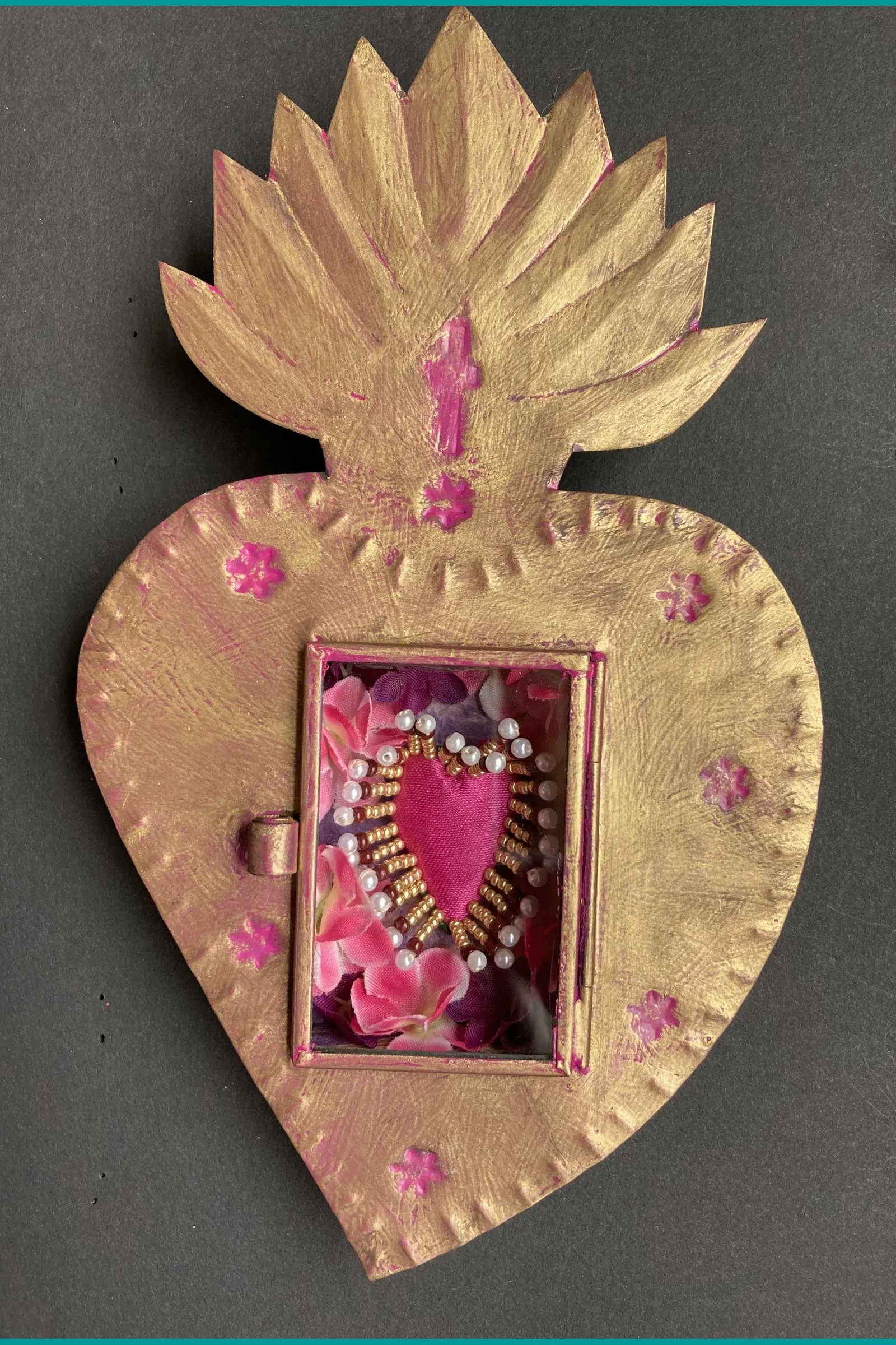 Beaded pink Heart in heart nicho