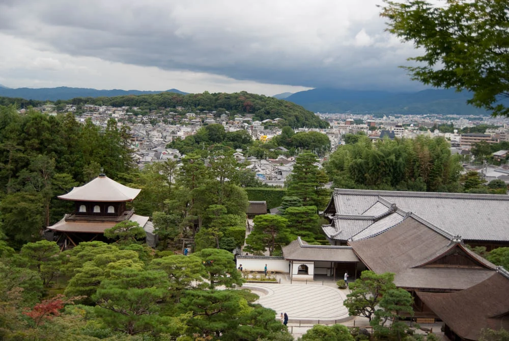 Overlooking Ginkaku-ji (Silver pavilion) temple and gardens with a view of the city of Kyoto