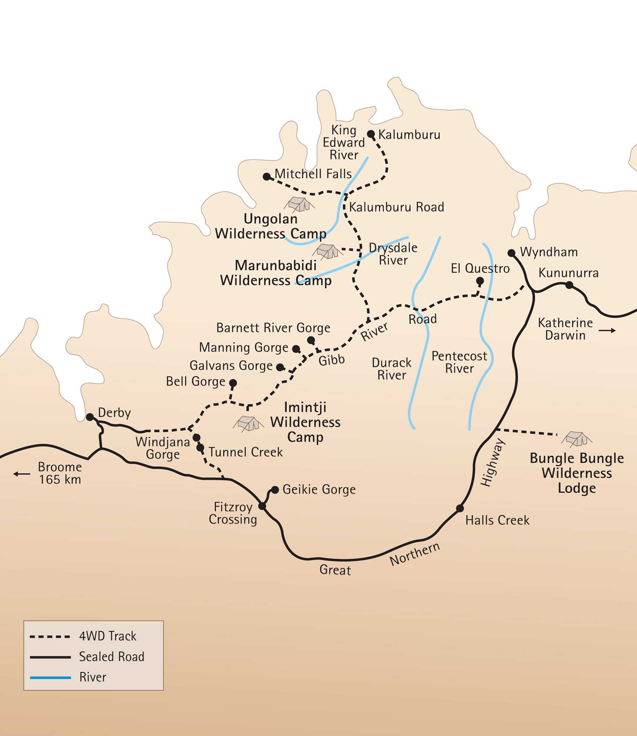Our Gibb River Road trip. Our tour took the dotted path going west to east.