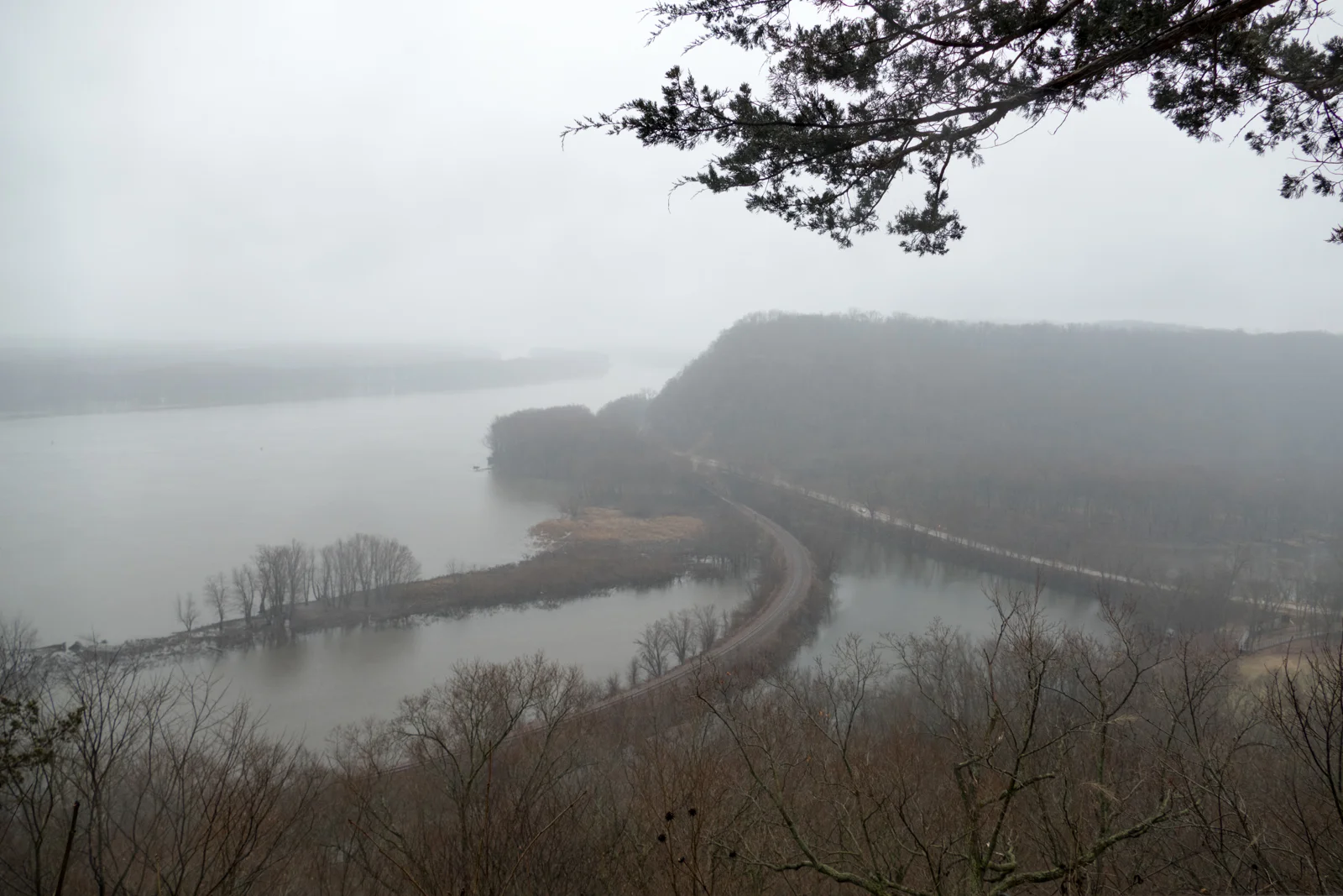 View of the Mississippi River in fog from the Effigy Mound National Monument