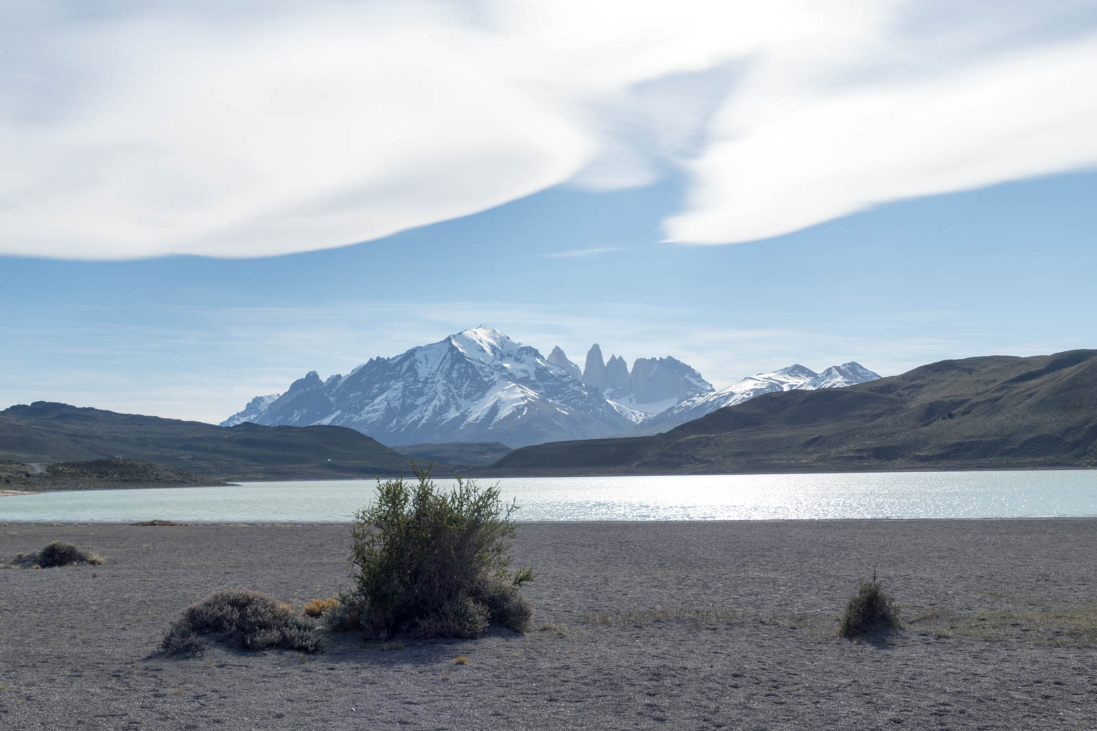 View of Torres del Paine with a lenticular cloud overhead from Lake Sarmiento