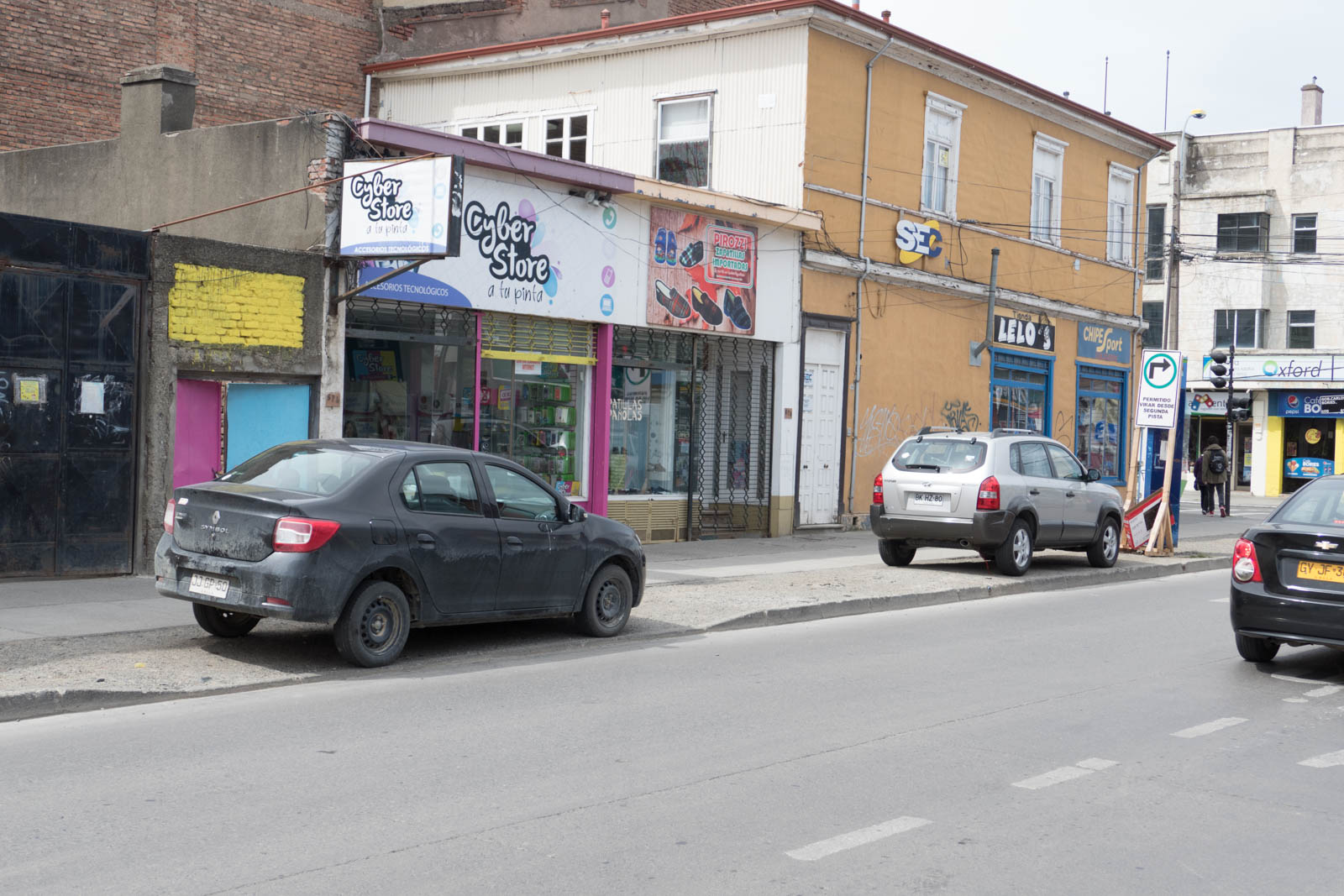 Our rental car parked on a street in Punta Arenas. Parallel parking can be quite challenging here!