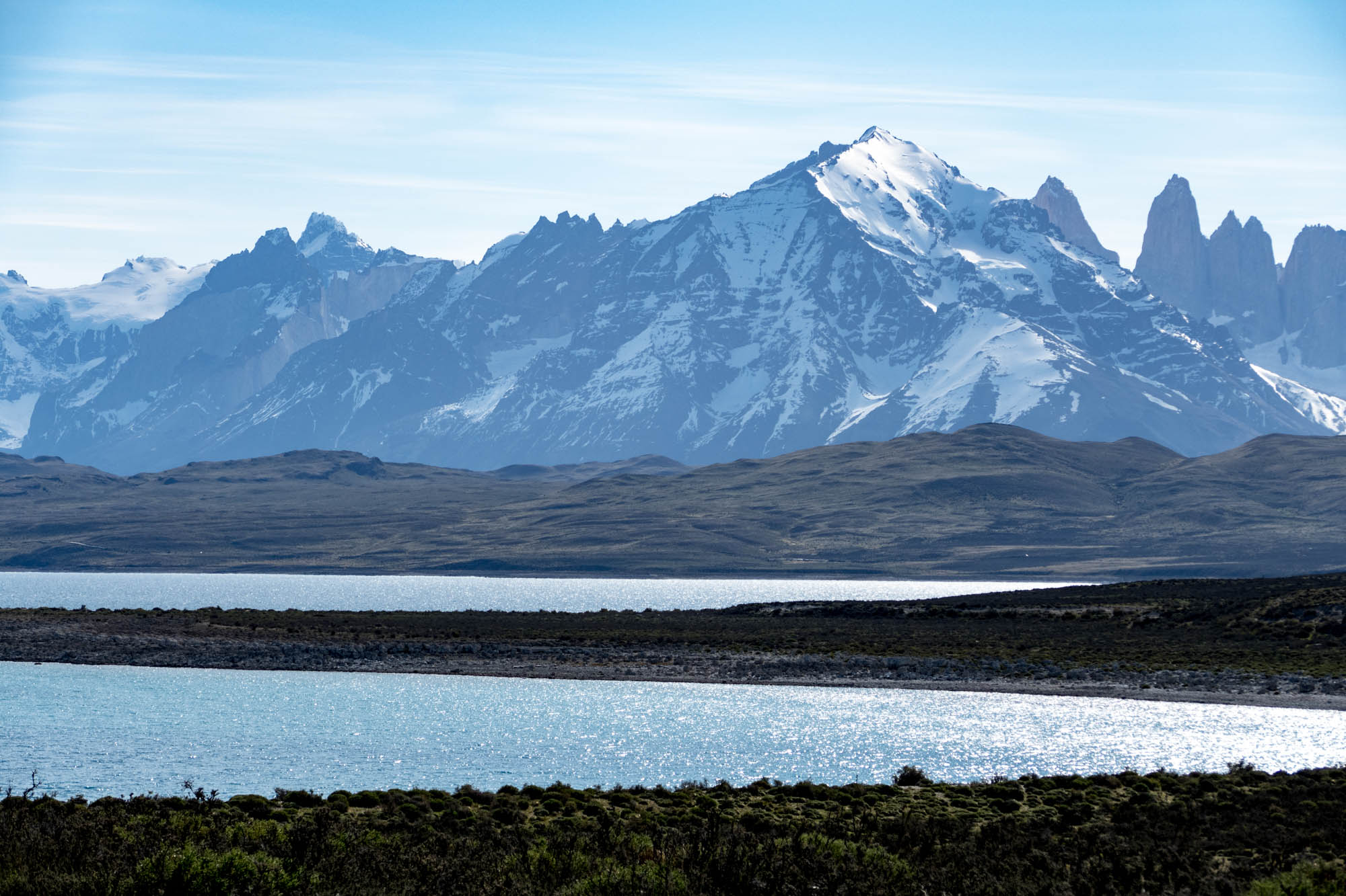Torres del Paine on the drive from the Laguna Amarga entrance